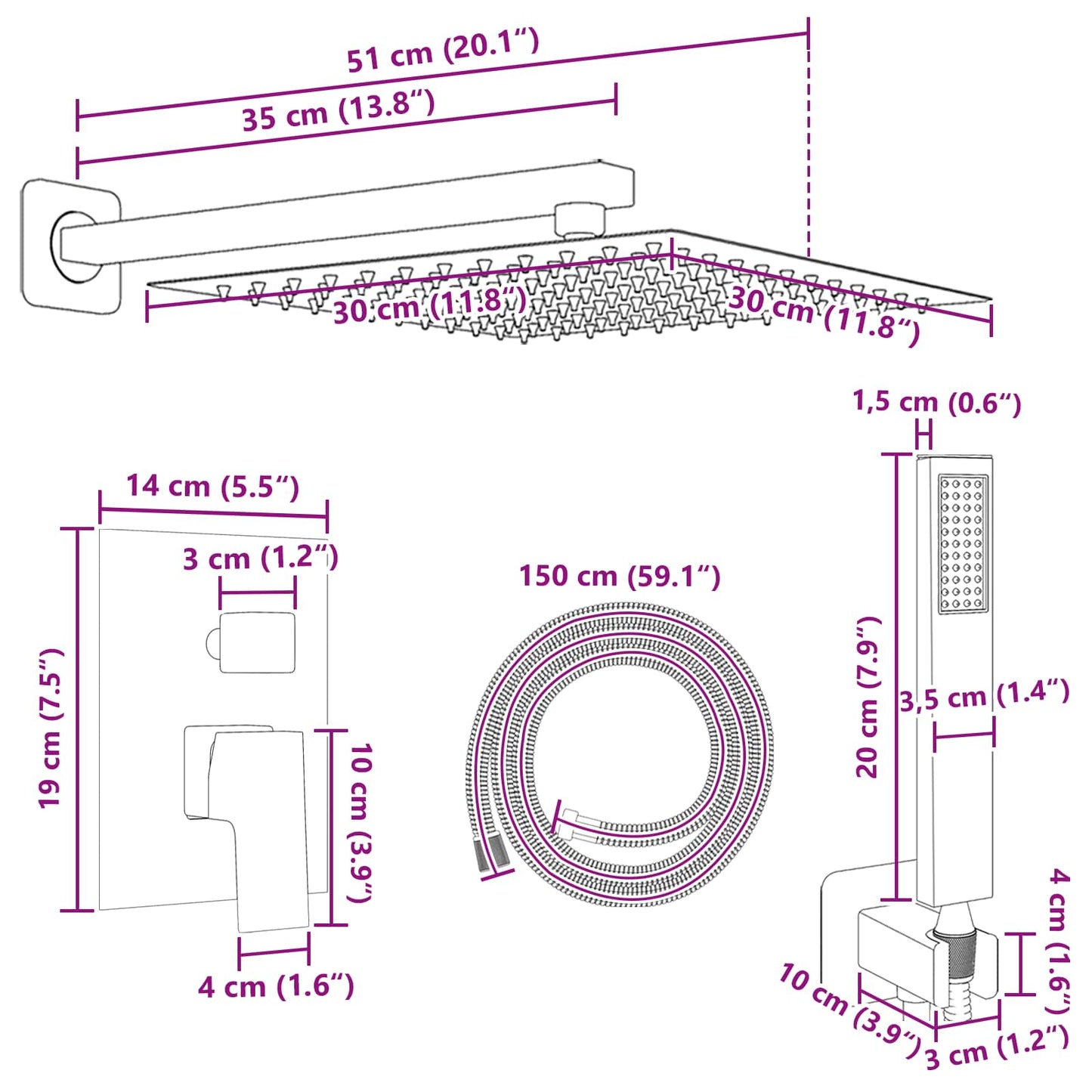 Concealed Shower System (Square) Silver Stainless Steel 201