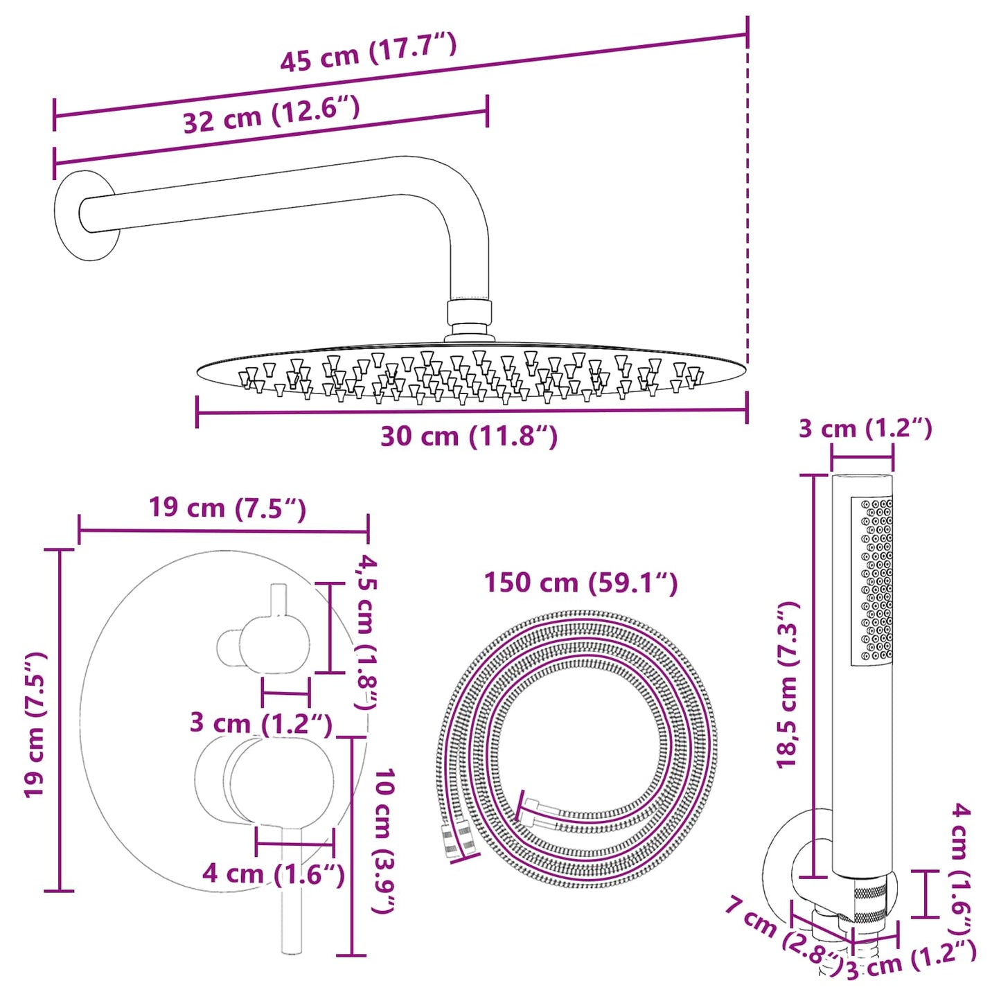 Concealed Shower System (Round) Black Stainless Steel 201