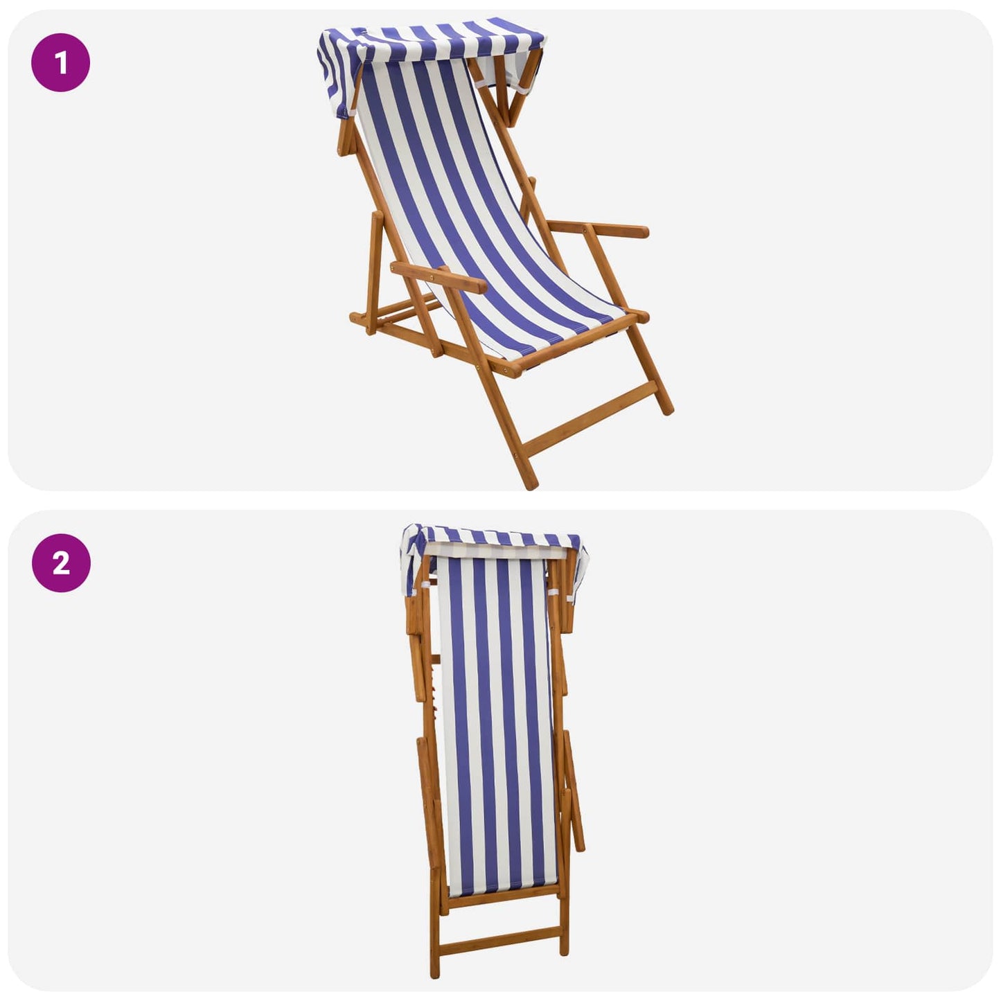 Deck Chair 3 Position Solid Eucalyptus Wood Blue and White