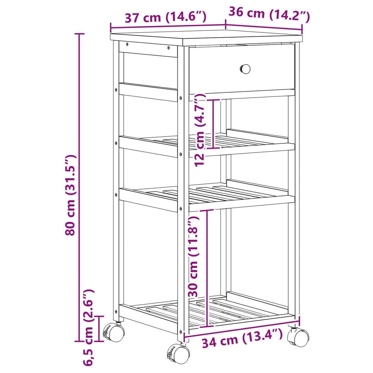 Kitchen Trolley with Wheels Natural 37 x 36 x 80 cm Bamboo