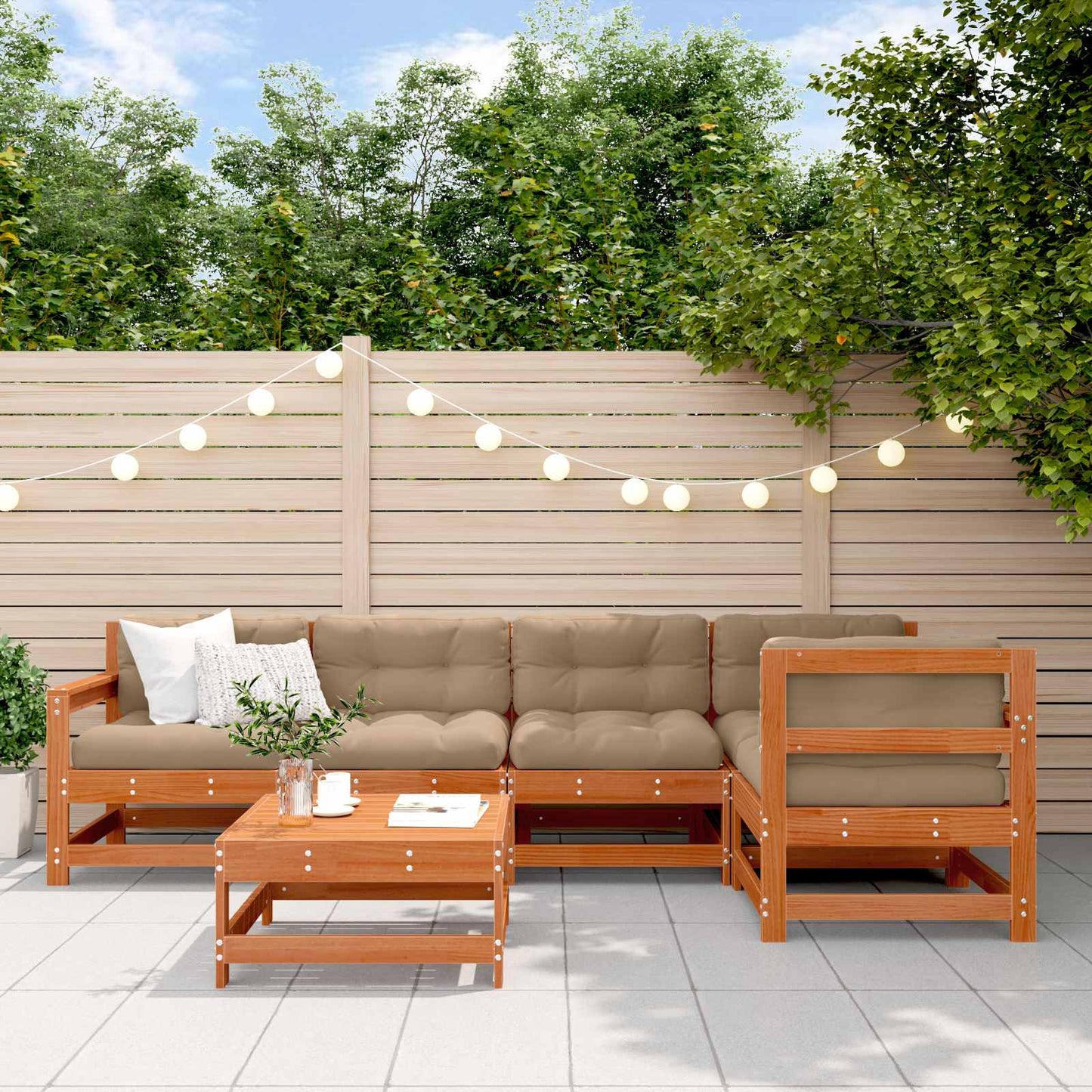 Garden Lounge Set 6 pcs Wax Brown Solid Pine Wood