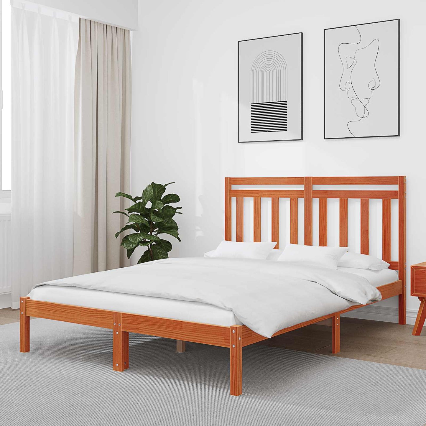 Bed Frame Wax Brown 205.5 x 145.5 x 100 cm Solid Pine Wood