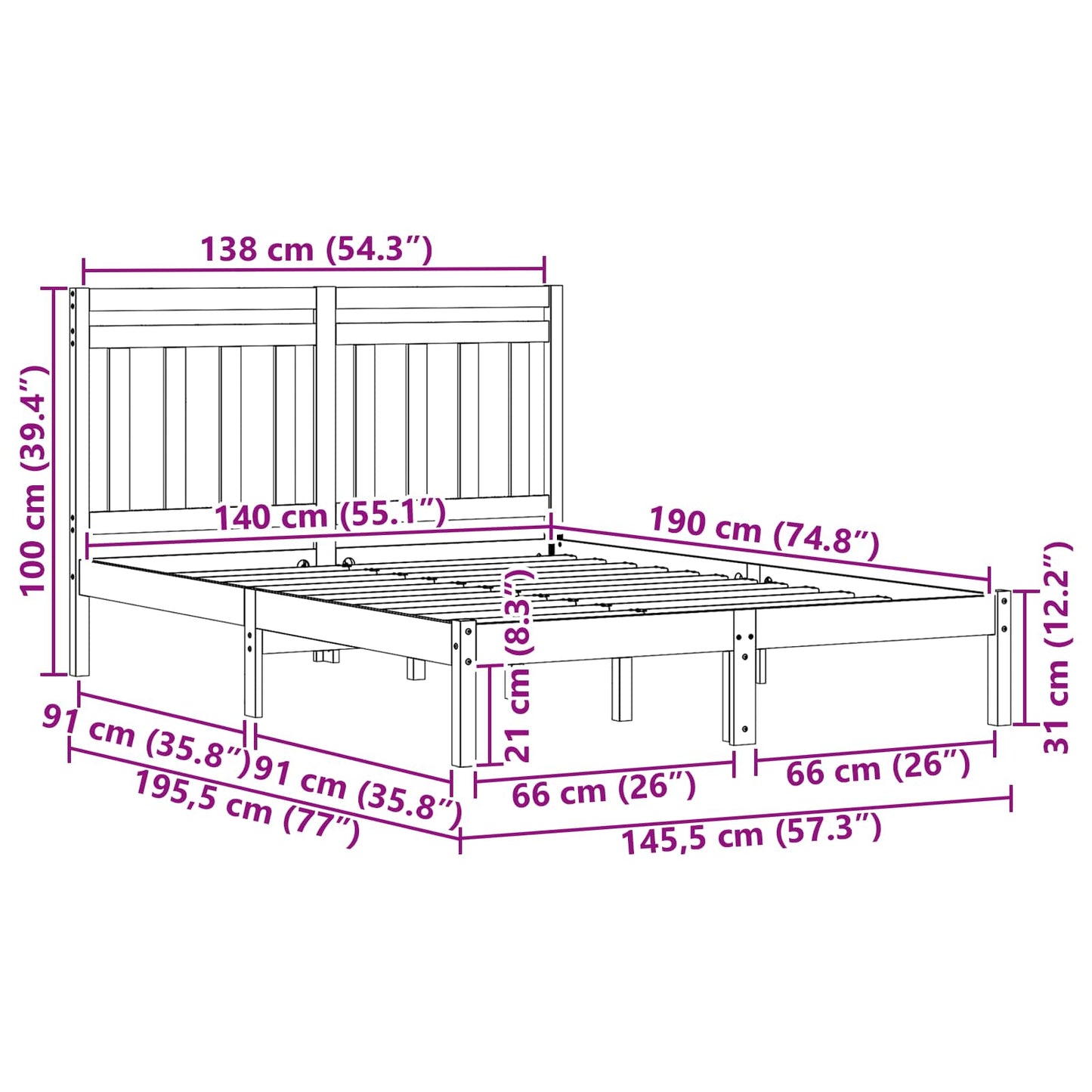 Bed Frame Wax Brown 205.5 x 145.5 x 100 cm Solid Pine Wood