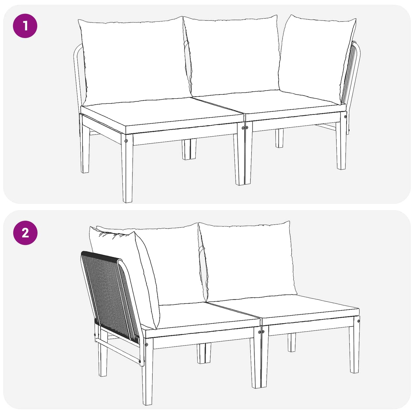 2 pcs Garden Lounge Set with Cushions Solid Acacia Wood & Rope