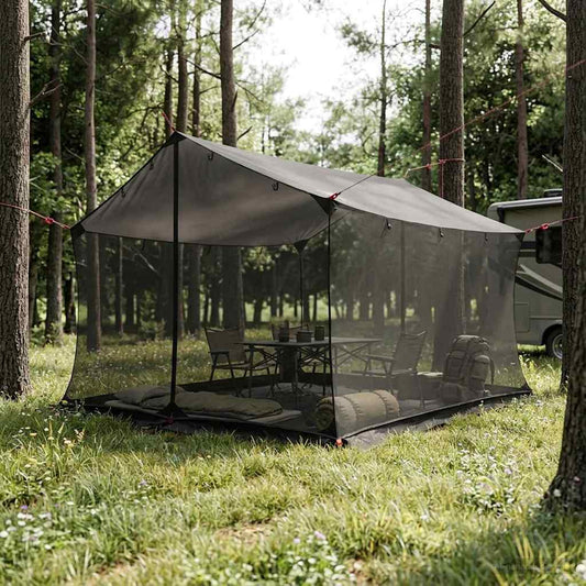 Camping Tarp with Mesh Walls 340 x 260 x 220 cm Brown Grey