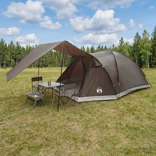 Cabin Tent with Roof Brown grey 6-Person Polyester and Steel