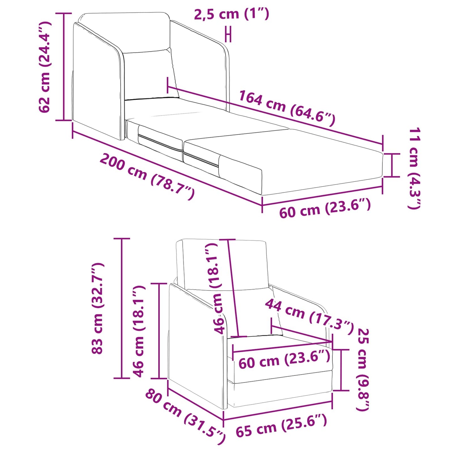 Folding Sofa Bed Dark Grey 65 x 80 x 83 cm Fabric