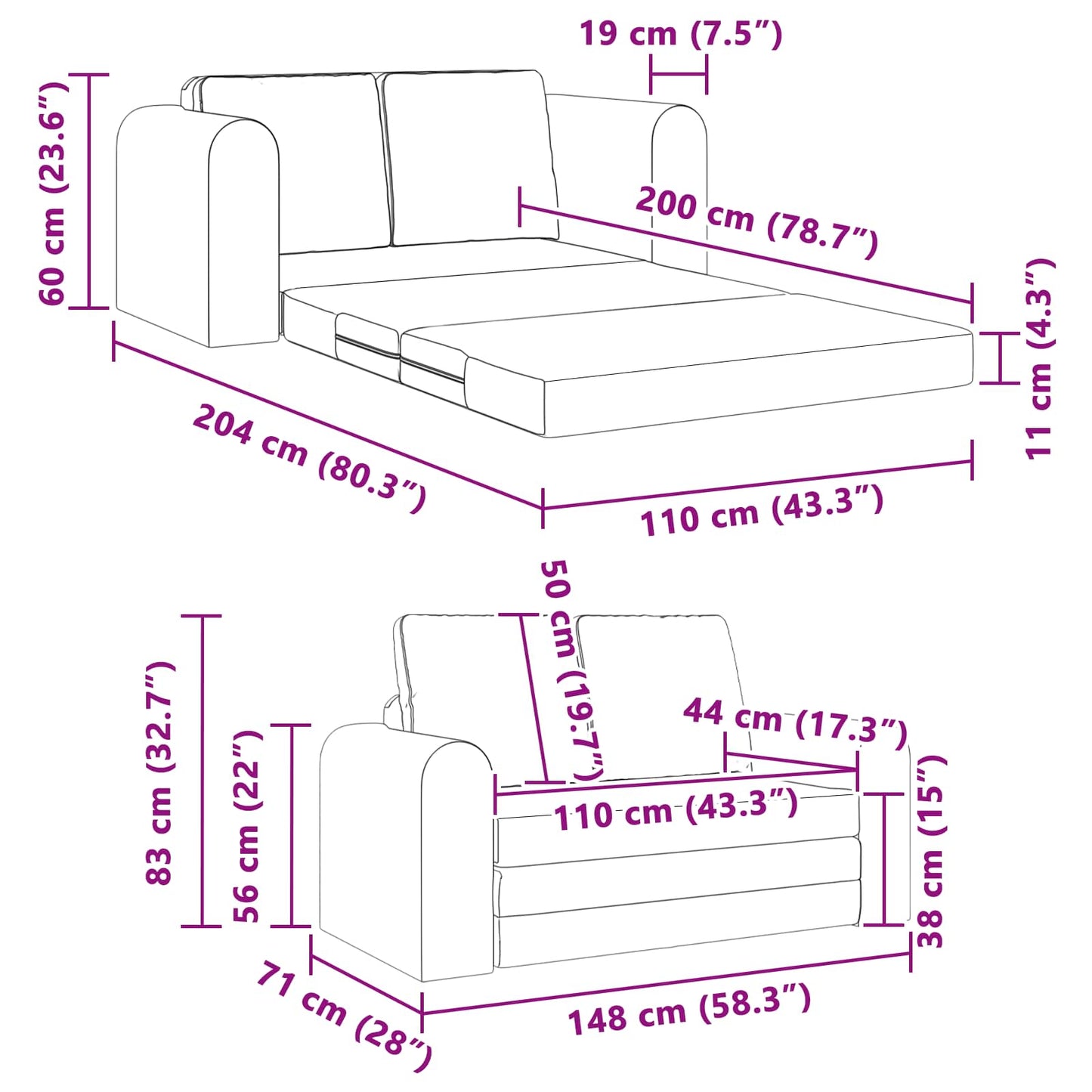Folding Sofa Bed Light Grey 148 x 71 x 83 cm Fabric