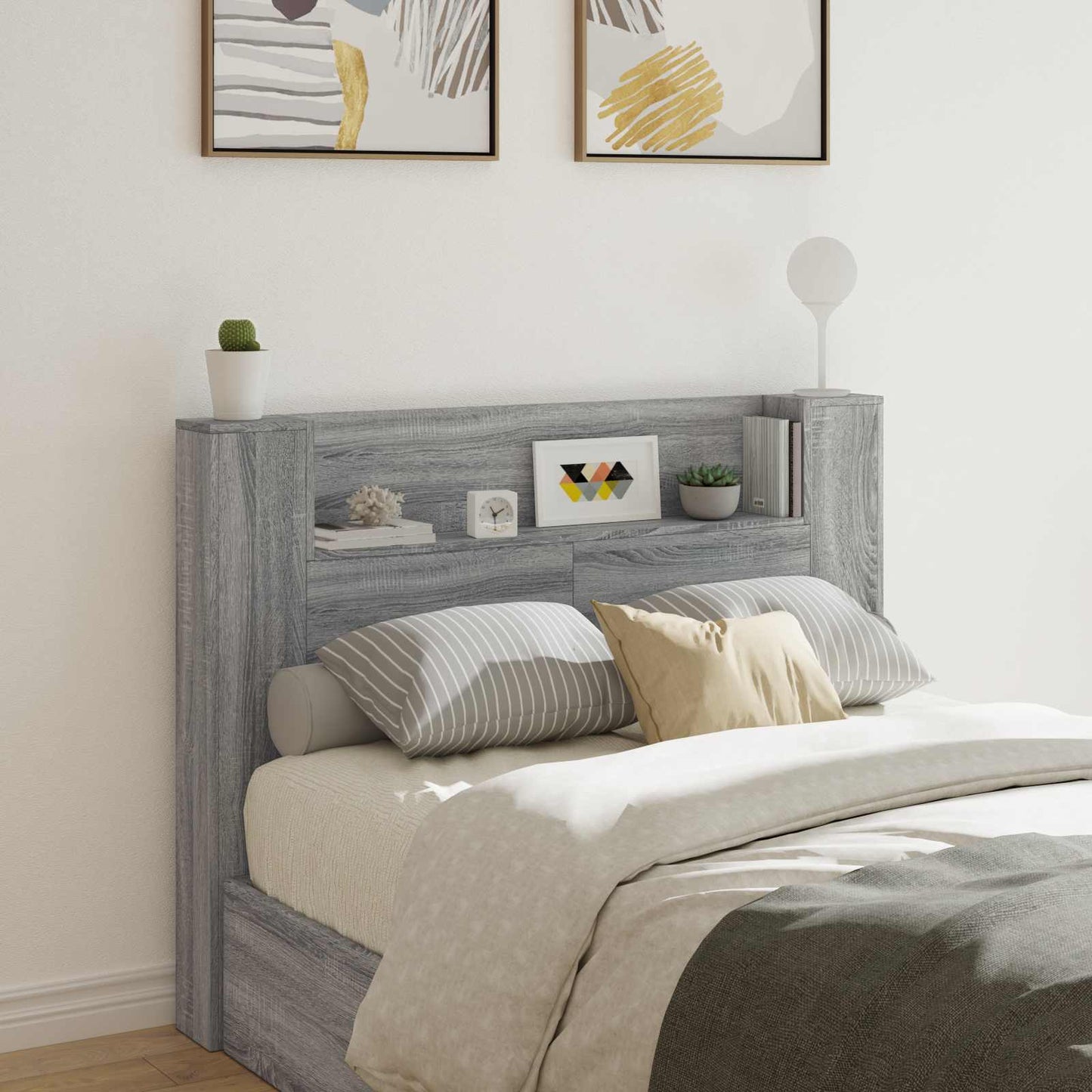 Headboard Cabinet with LED Grey Sonoma 140 x 16.5 x 103.5 cm
