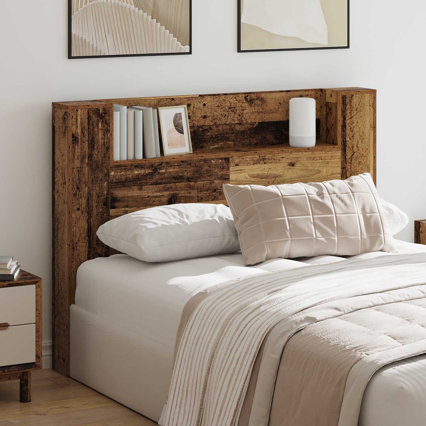Headboard Cabinet with LED Old Wood 140 x 16.5 x 103.5 cm