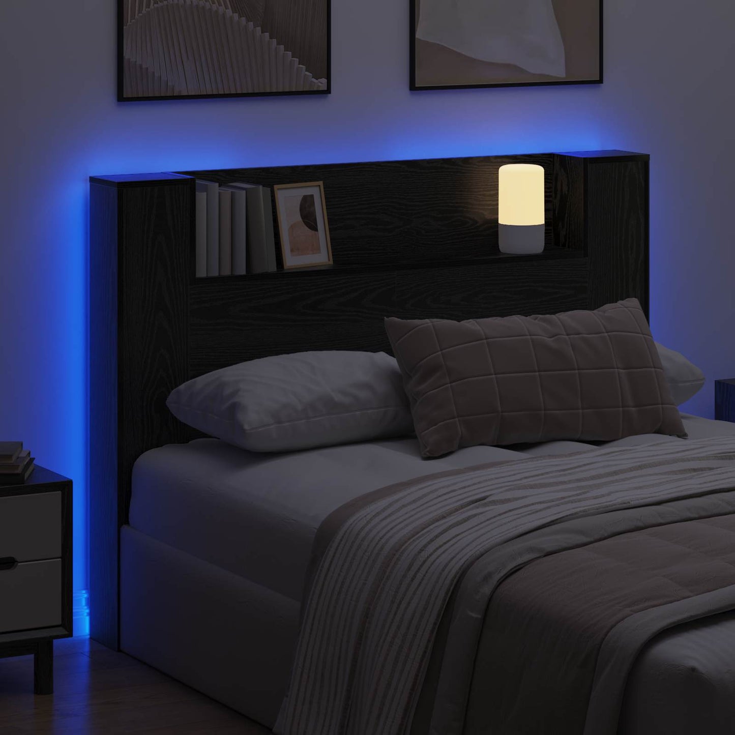 Headboard Cabinet with LED Black Oak 140 x 16.5 x 103.5 cm