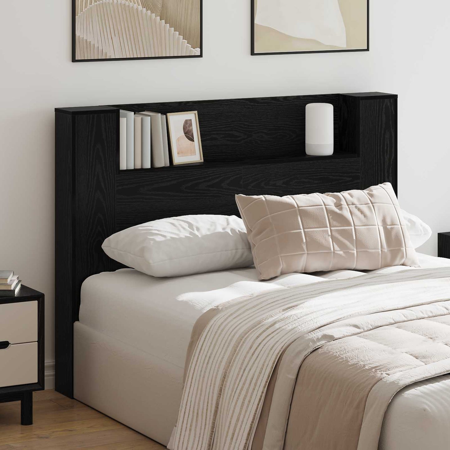 Headboard Cabinet with LED Black Oak 140 x 16.5 x 103.5 cm