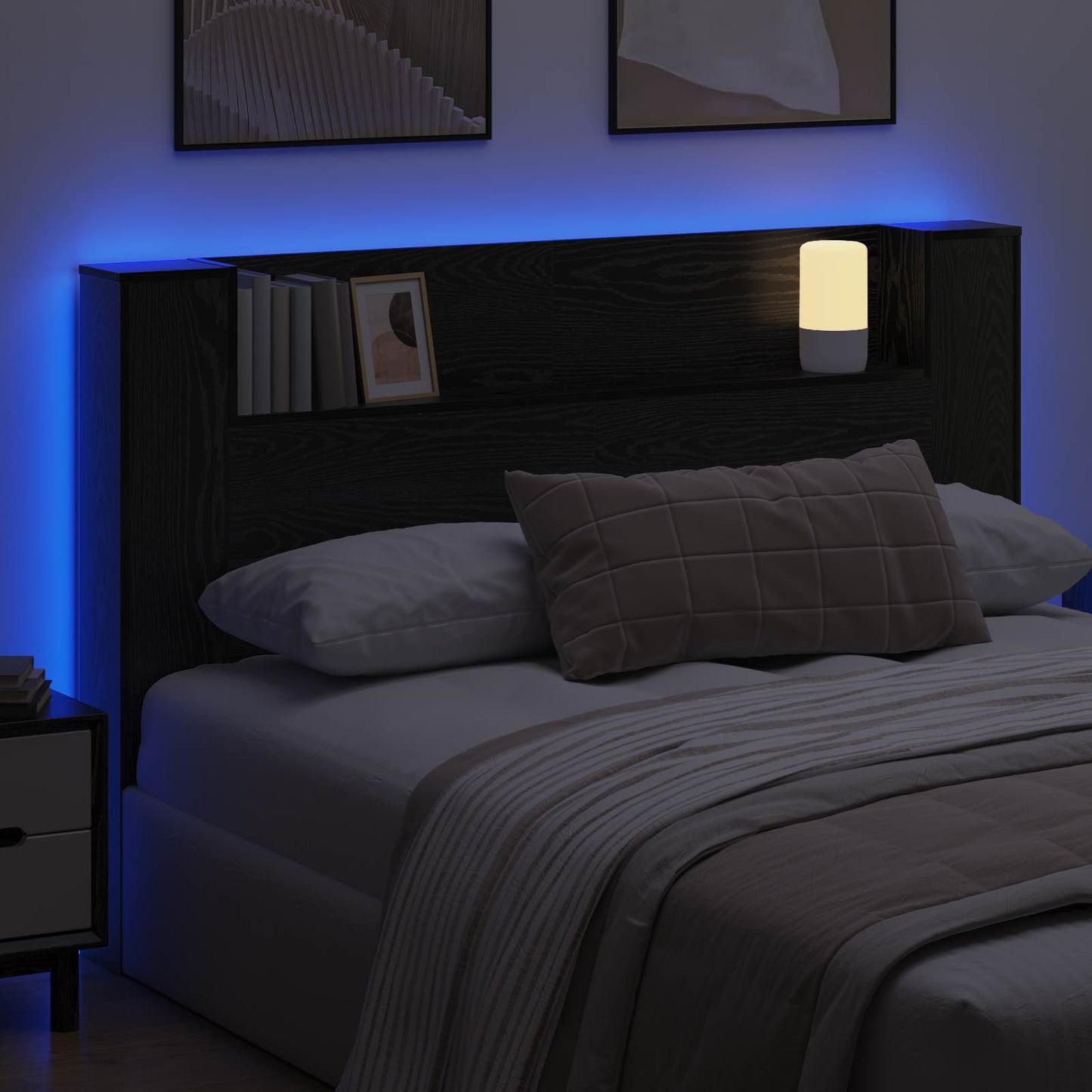 Headboard Cabinet with LED Black Oak 160 x 16.5 x 103.5 cm