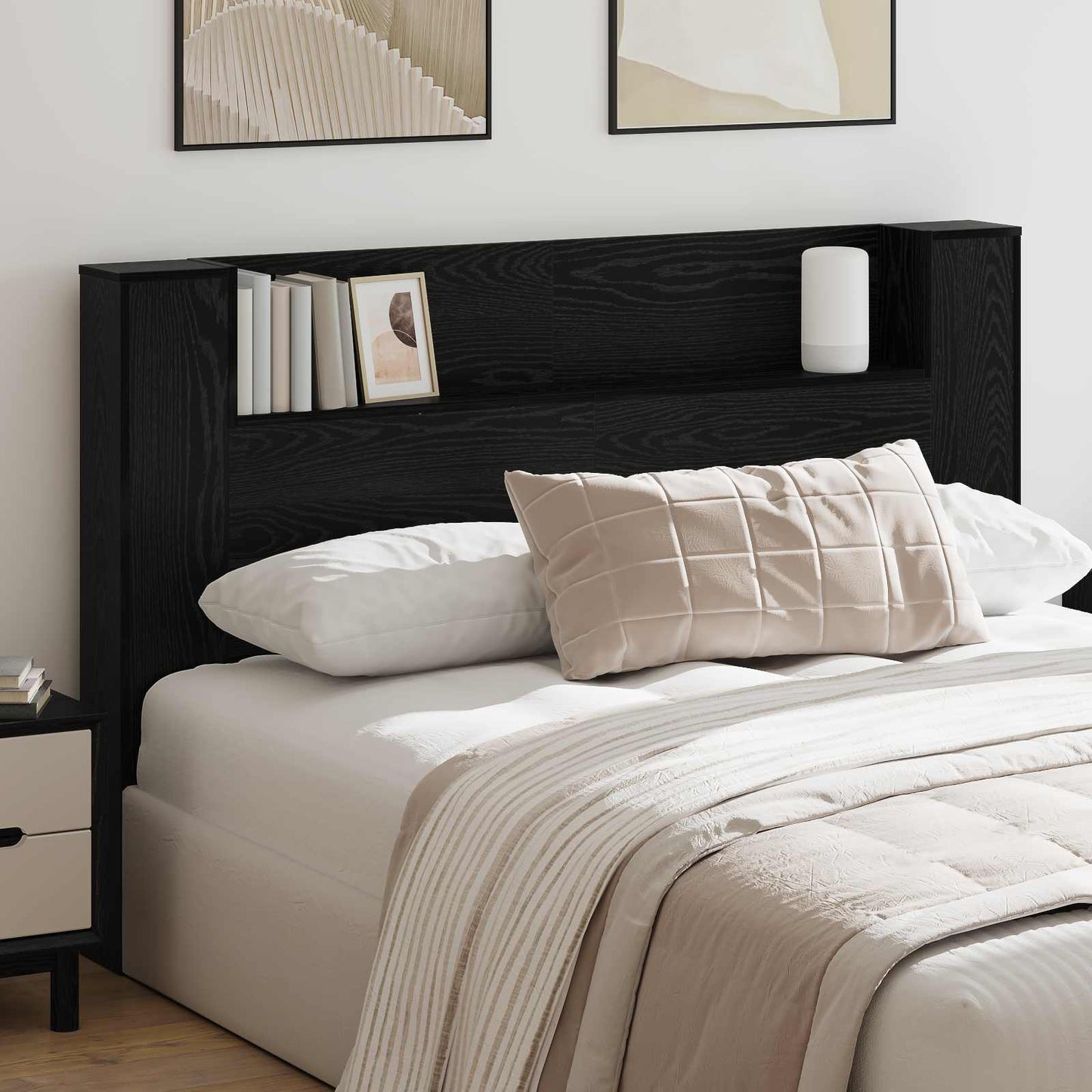 Headboard Cabinet with LED Black Oak 160 x 16.5 x 103.5 cm