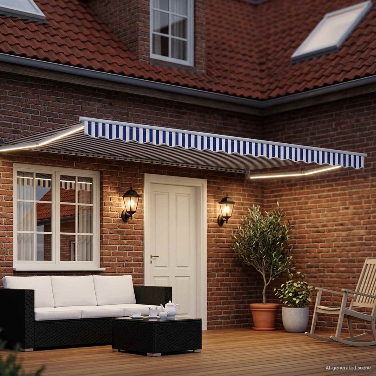 Manual Retractable Awning with LEDs Blue and White 4 x 3 m
