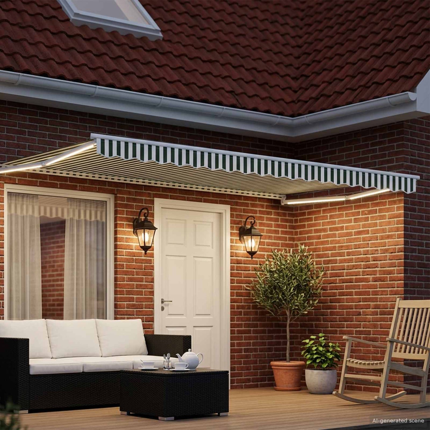 Manual Retractable Awning with LEDs Green and White 5 x 3 m