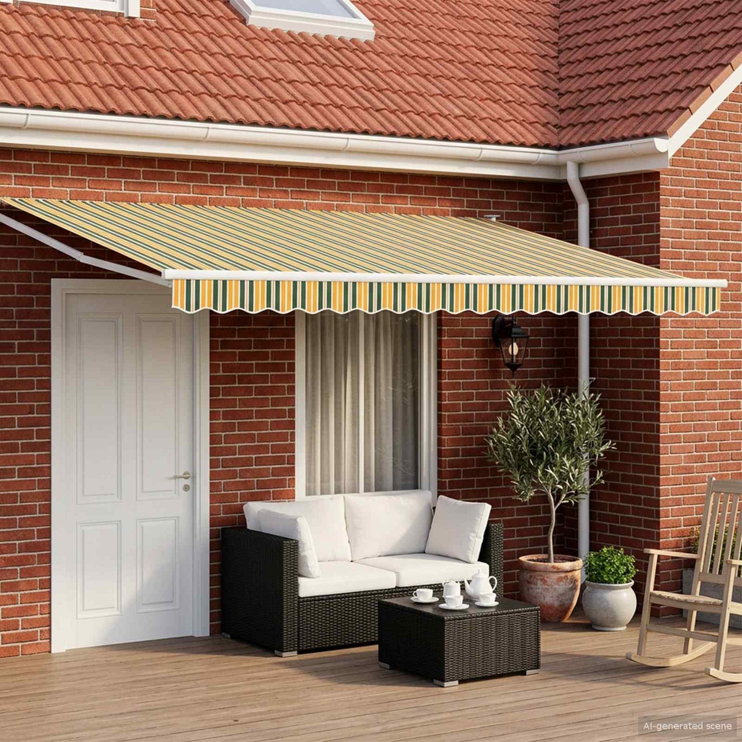 Electric Retractable Awning Green, Yellow and White 4.5 x 3 m