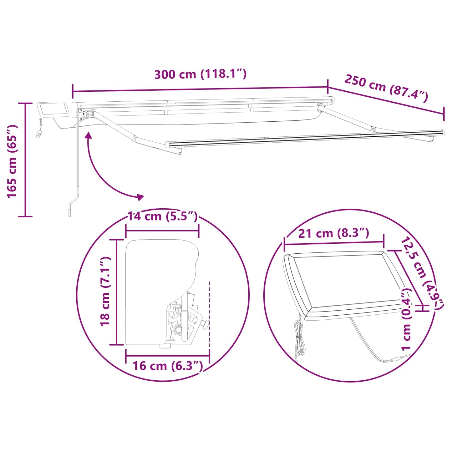 Manual Awning Frame with LEDs White 3 x 2.5 m