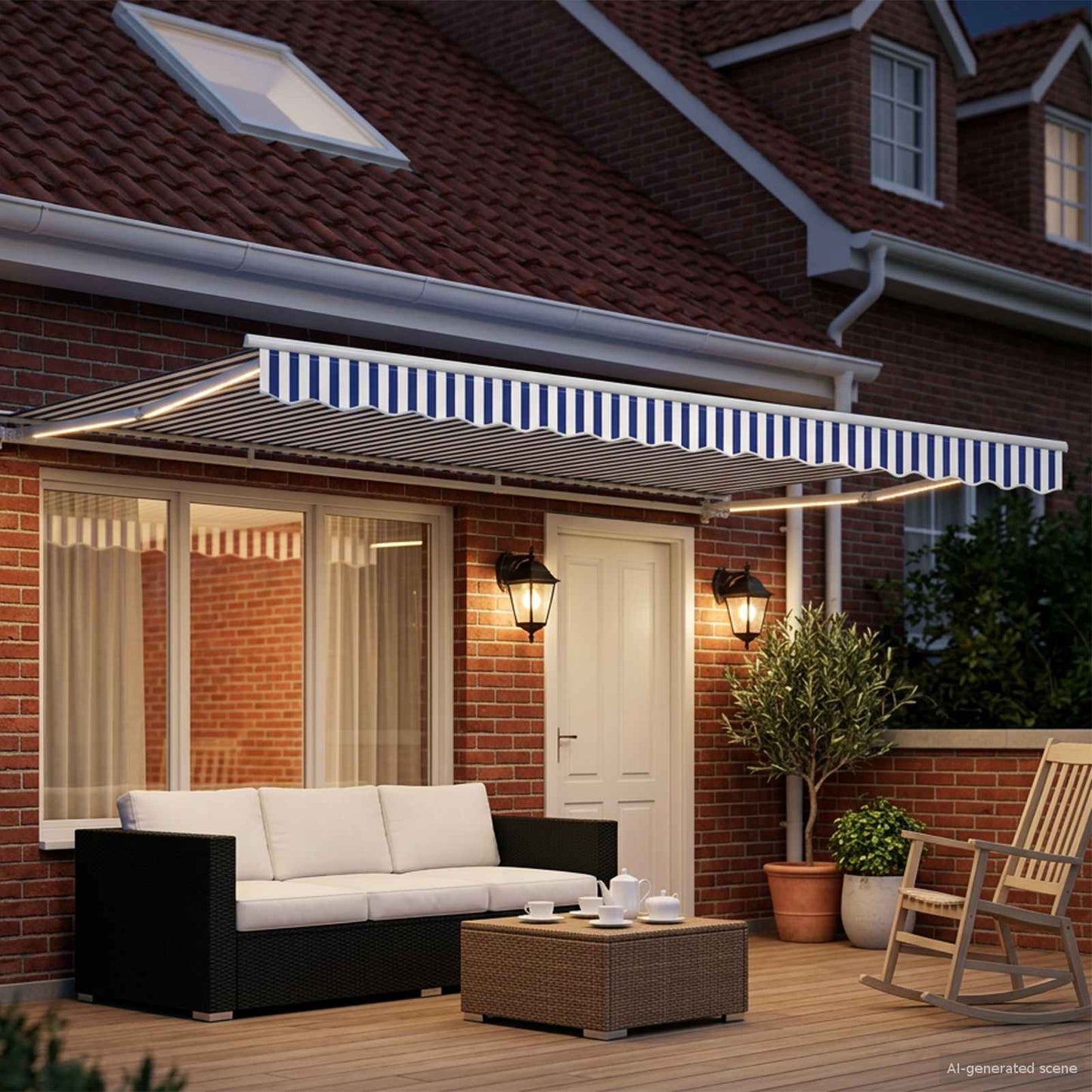 Manual Awning Frame with LEDs Blue and White 5 x 3 m