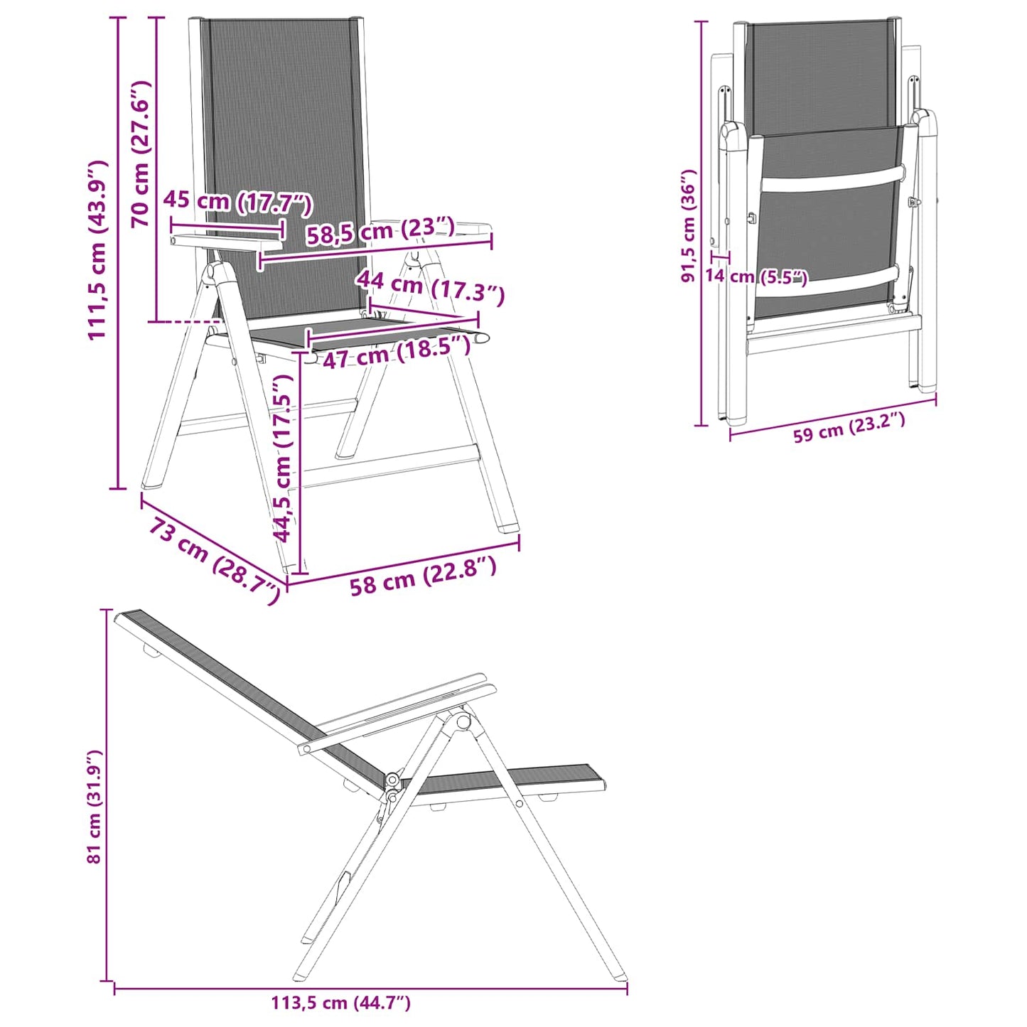 Reclining Garden Chairs 2 pcs Black 58 x 73 x 111.5 cm