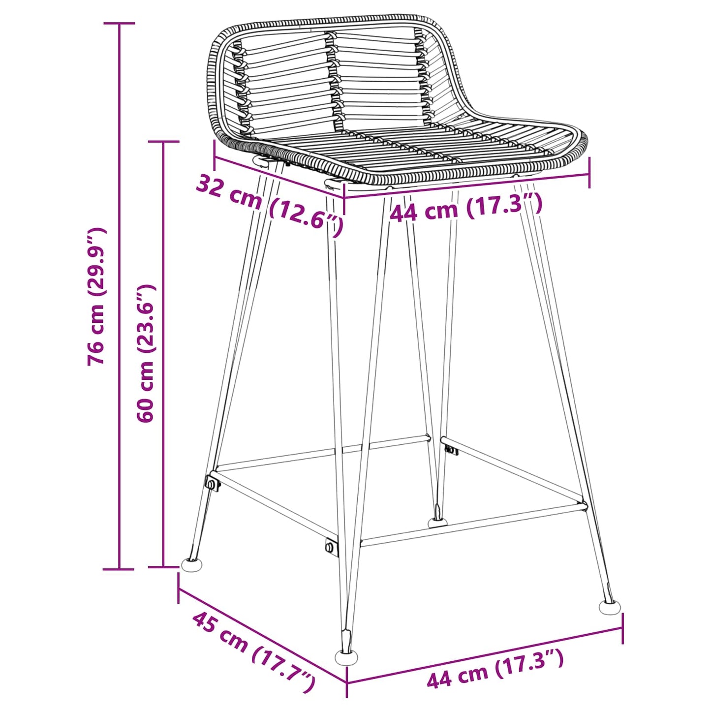 Bar Stool 2 pcs Black 44 x 45 x 76 cm Rattan and Steel