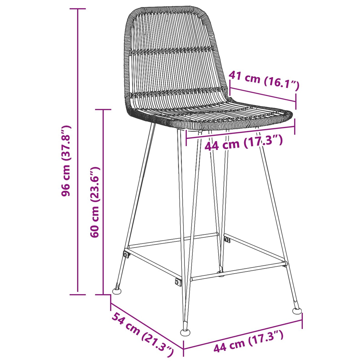 Bar Stool 2 pcs Black 44 x 54 x 96 cm Rattan and Steel