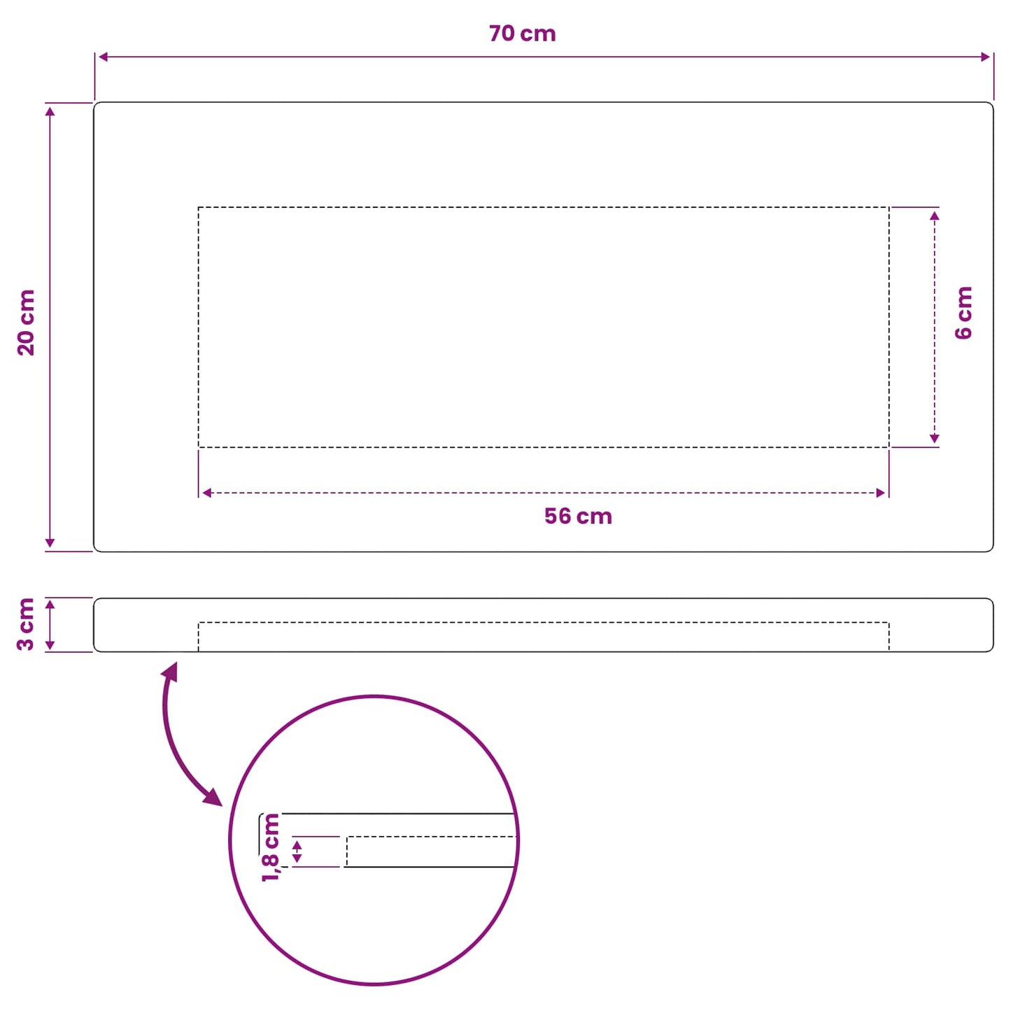 Rectangular Table Top 70 x 20 x 3.5 cm Rectangular Natural
