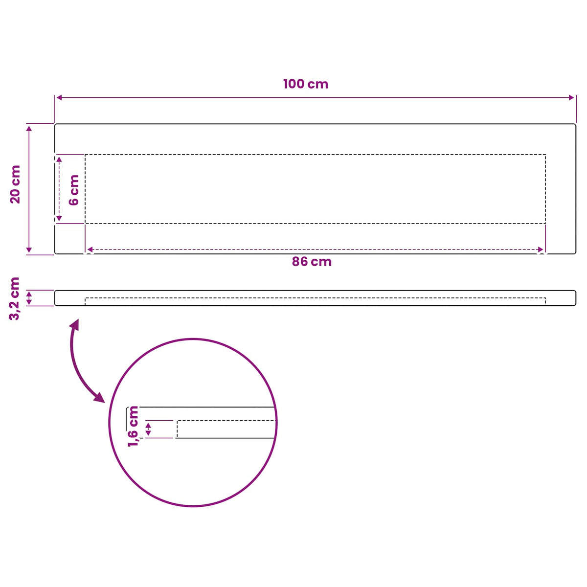 Rectangular Table Top 100 x 20 x 3.2 cm Rectangular
