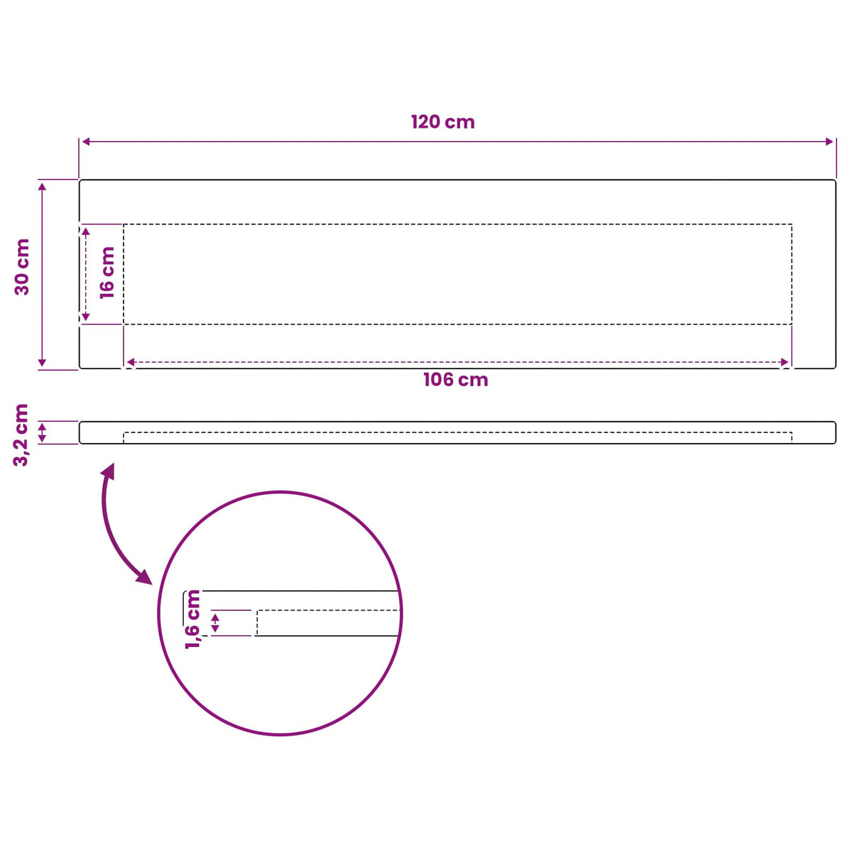 Rectangular Table Top 120 x 30 x 3.2 cm Rectangular