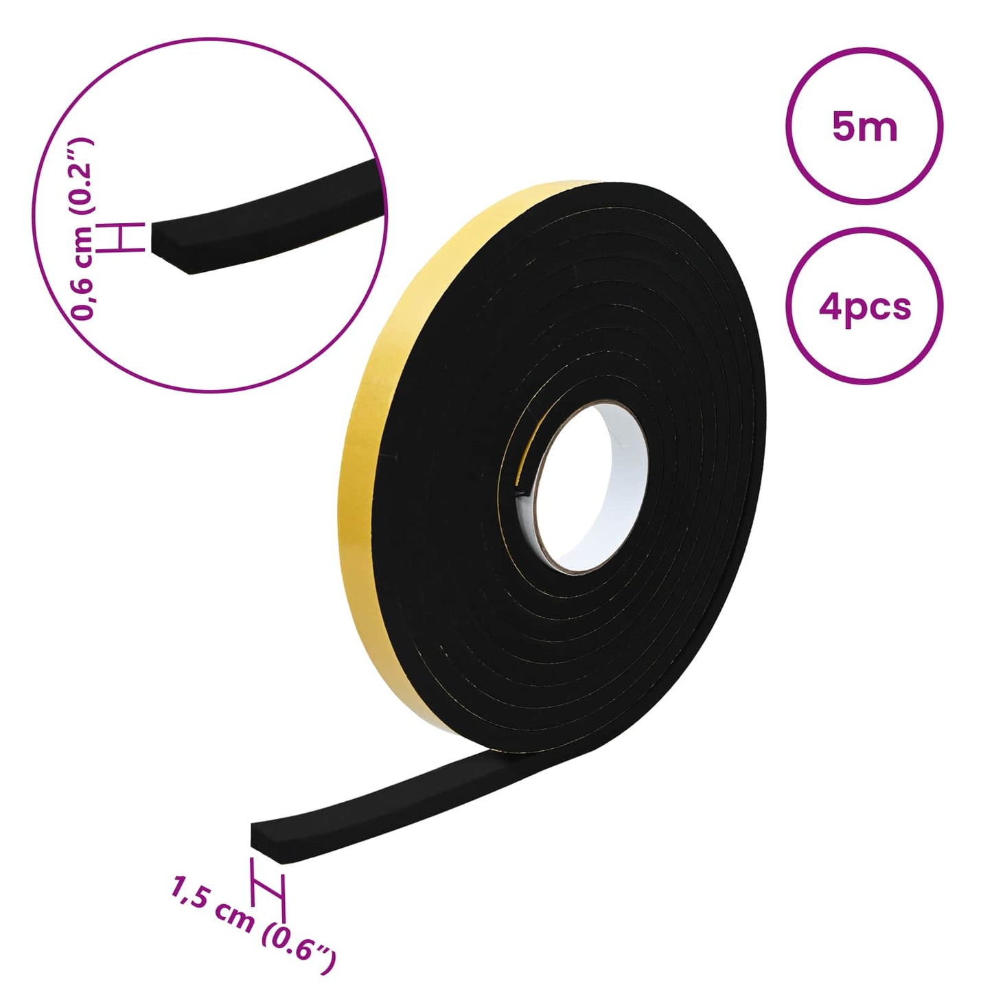 Self-adhesive Foam Tape 4 pcs Black 15mm x 5m CR Foam