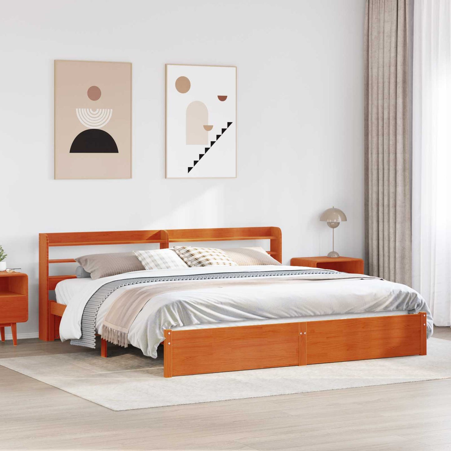Bed Frame with Headboard Wax Brown 200 x 200 cm Solid Pine Wood