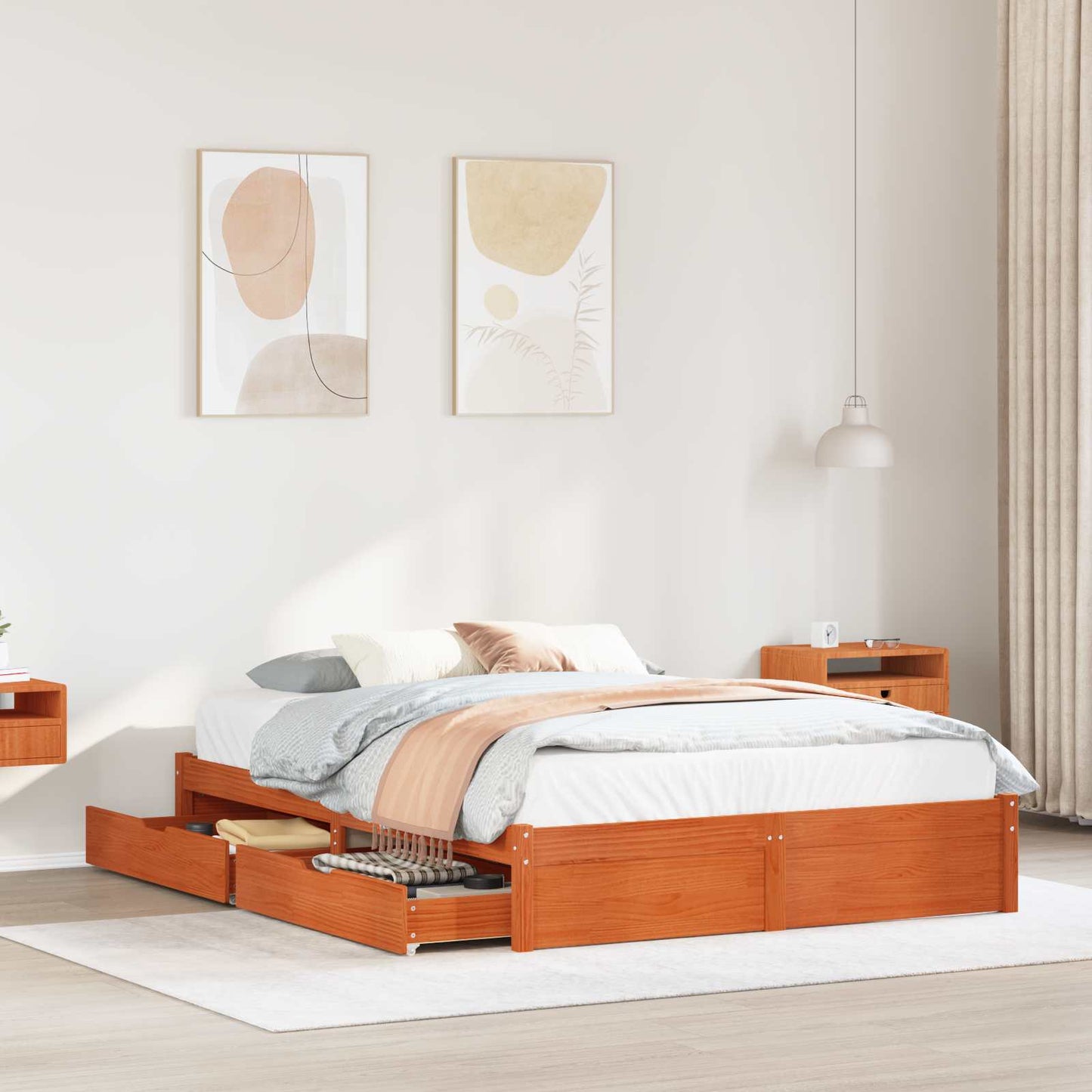 Bed Frame with Drawer 3 pcs Wax Brown Solid Pine Wood