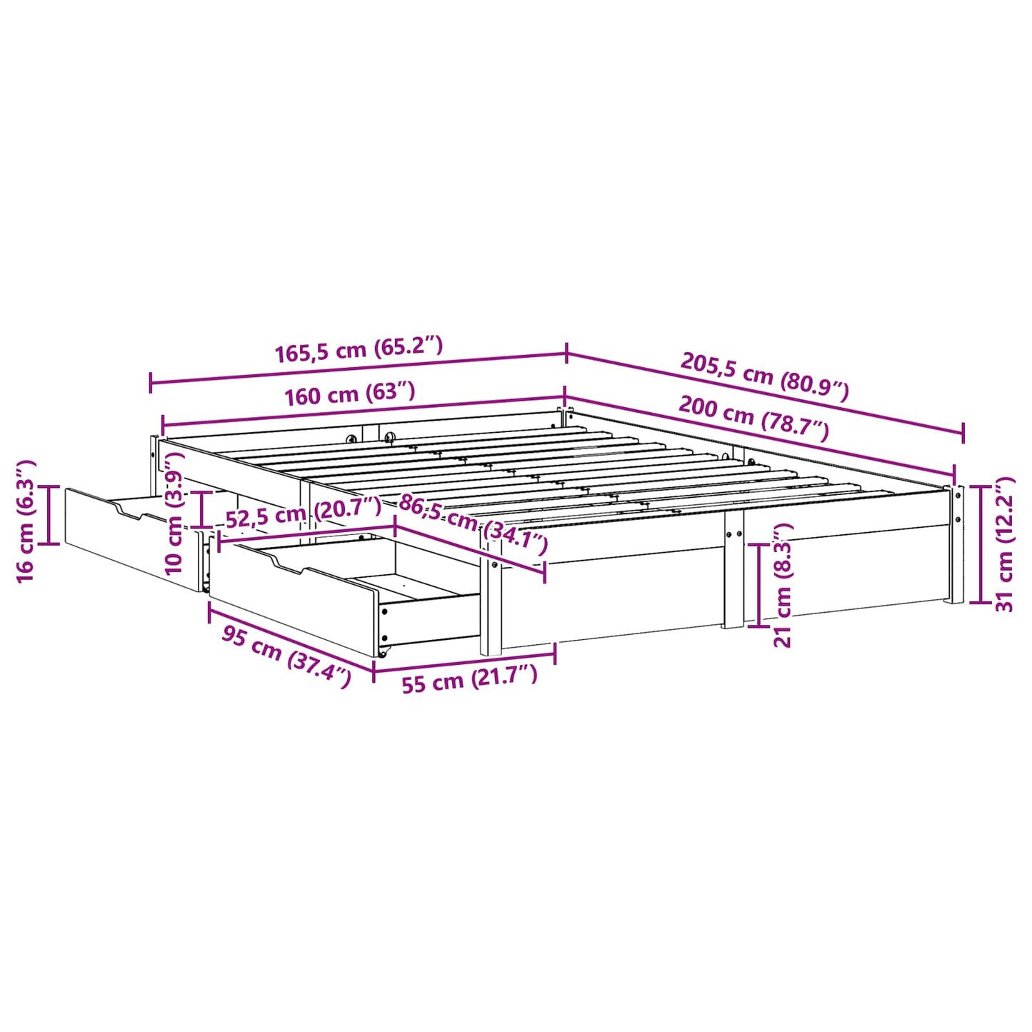 Bed Frame with Drawer 3 pcs Wax Brown Solid Pine Wood