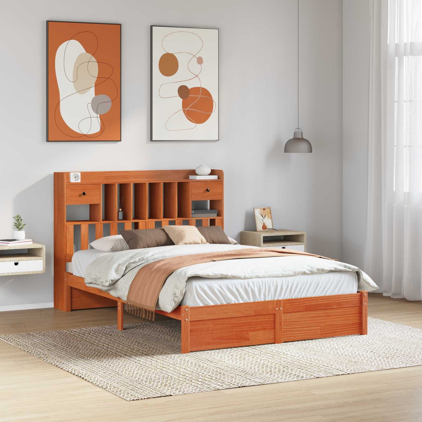 Bookcase Bed Frame Wax Brown 200 x 140 cm Solid Pine Wood