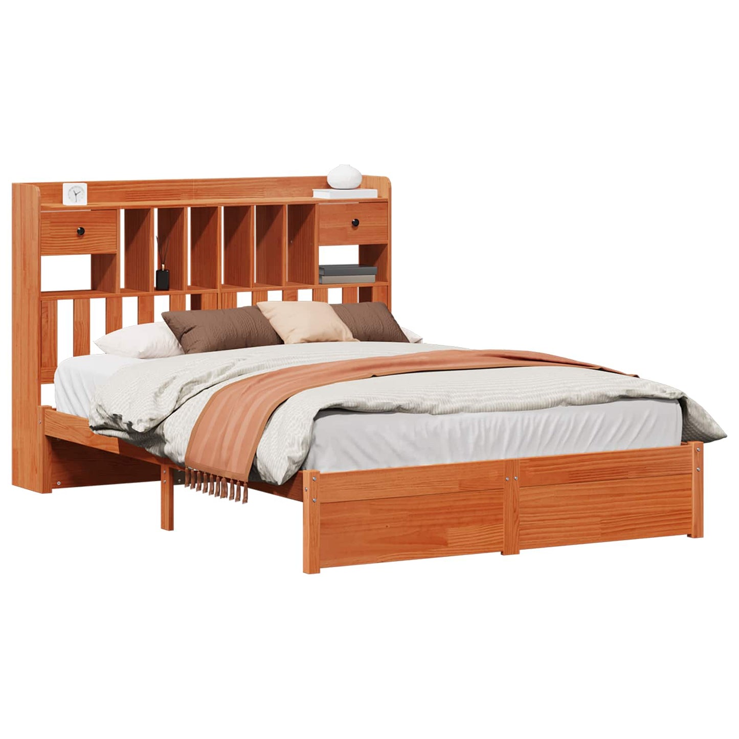 Bookcase Bed Frame Wax Brown 200 x 140 cm Solid Pine Wood