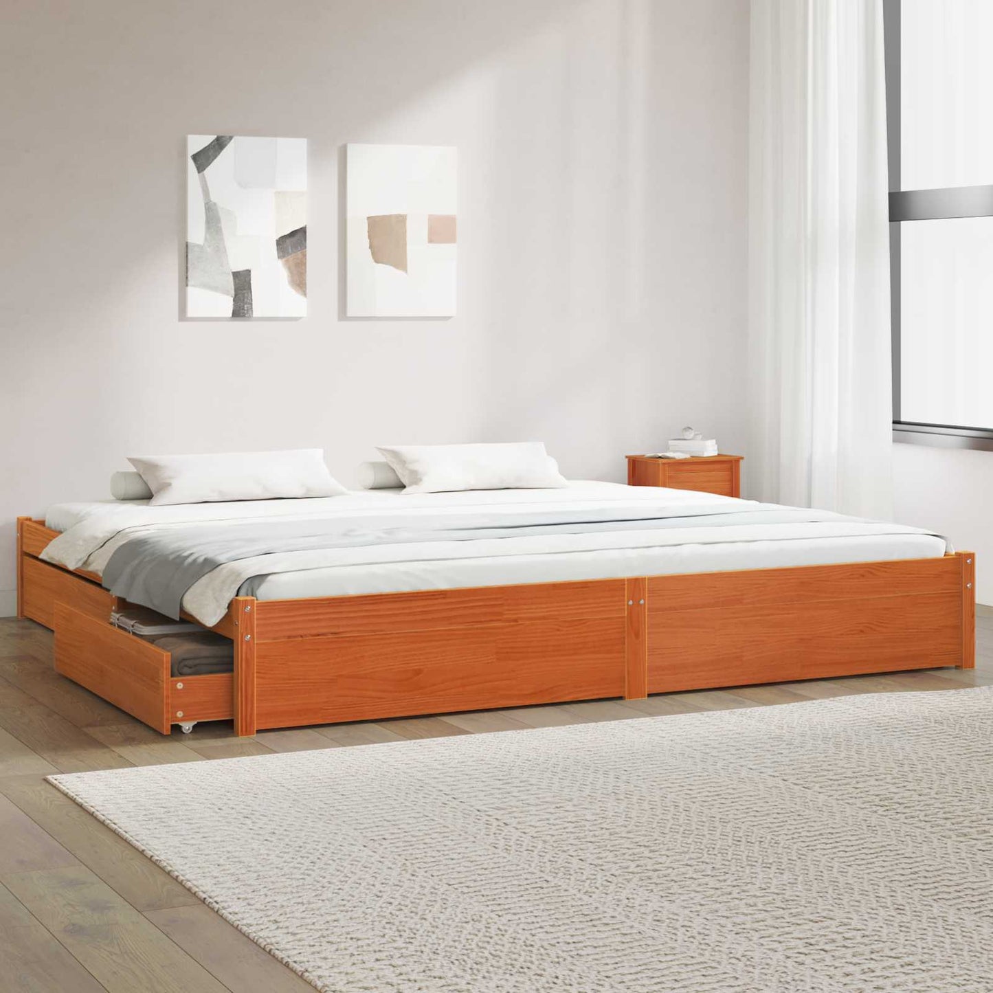 Bed Frame with Drawer Wax Brown 200 x 200 cm Solid Pine Wood