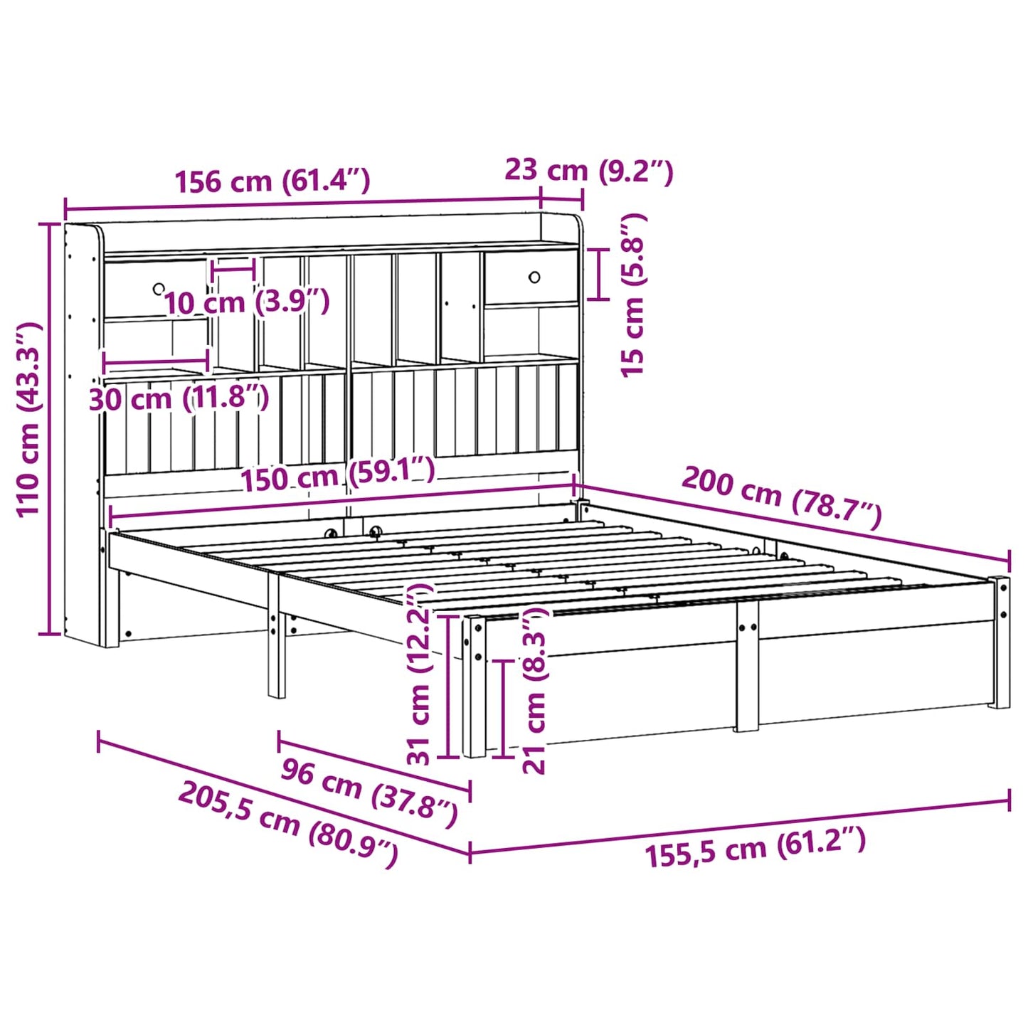 Bookcase Bed Frame Wax Brown 200 x 150 cm Solid Pine Wood