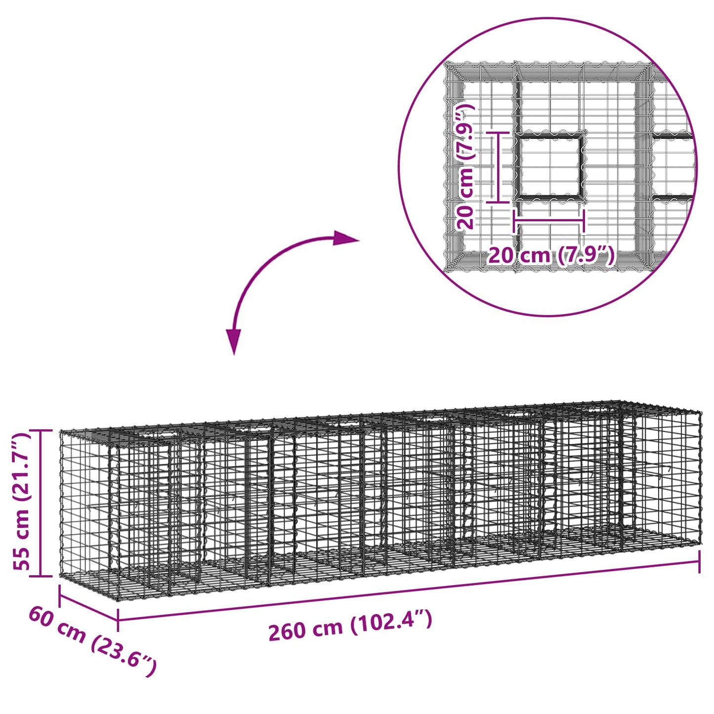 Gabion Raised Bed 2 pcs Silver 260 x 60 x 55 cm