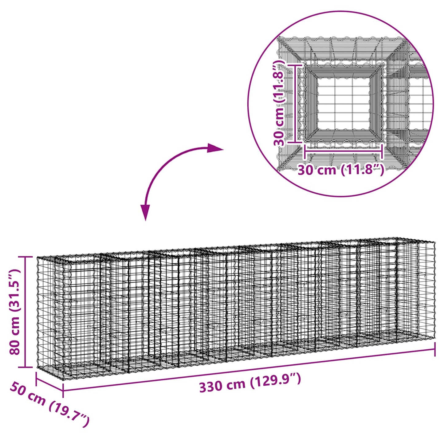 Gabion Raised Bed 2 pcs Silver 330 x 50 x 80 cm