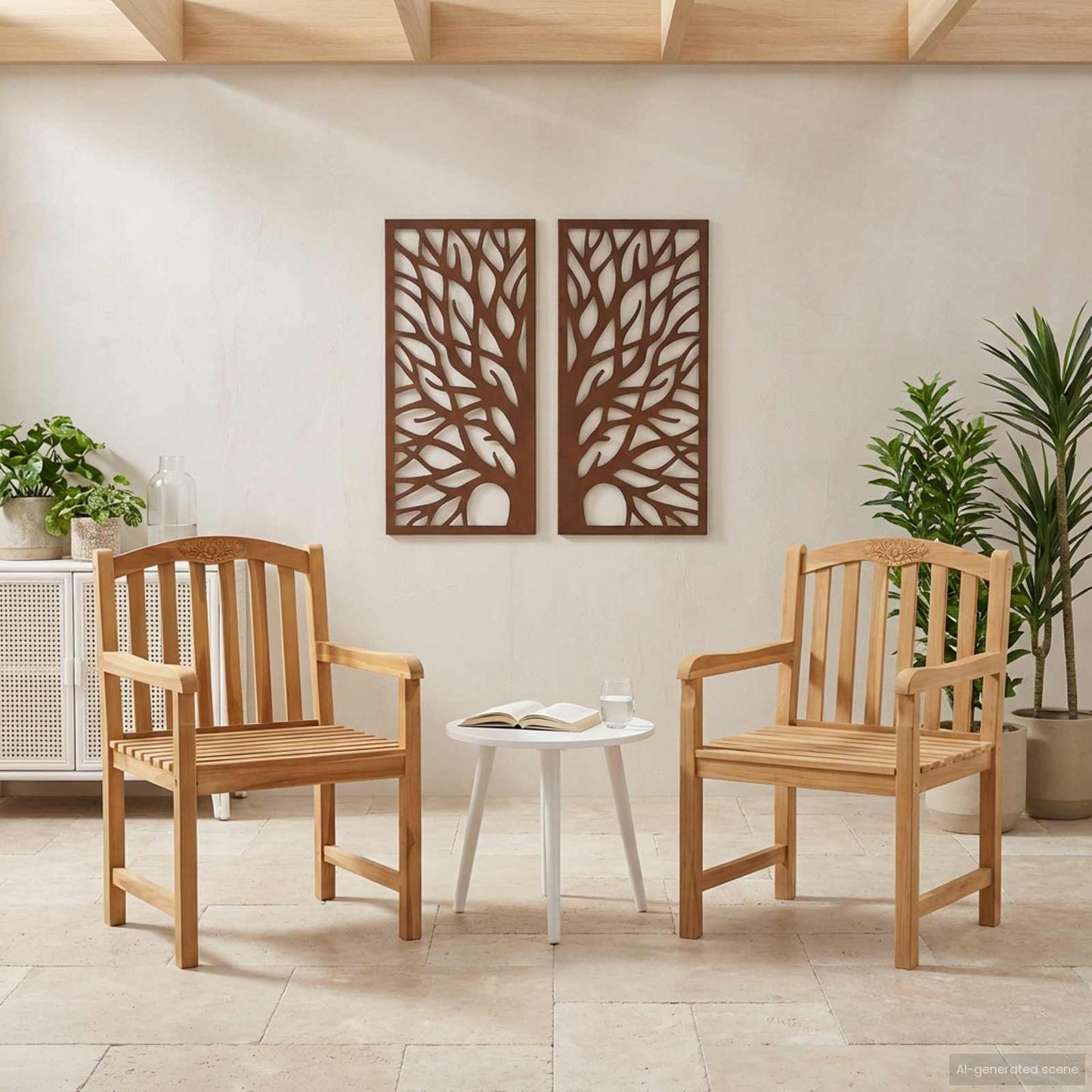 Handcarved Rose Chair 2 pcs Natural 58 x 60 x 90 cm