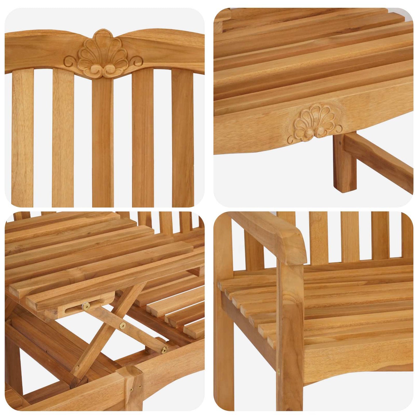 Handcarved Rose Bench Natural 155 x 60 x 94 cm Solid Teak Wood