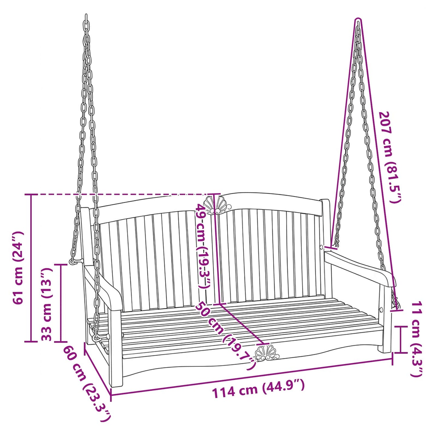Swing Bench Natural 114 x 60 x 60.5 cm Solid Teak Wood