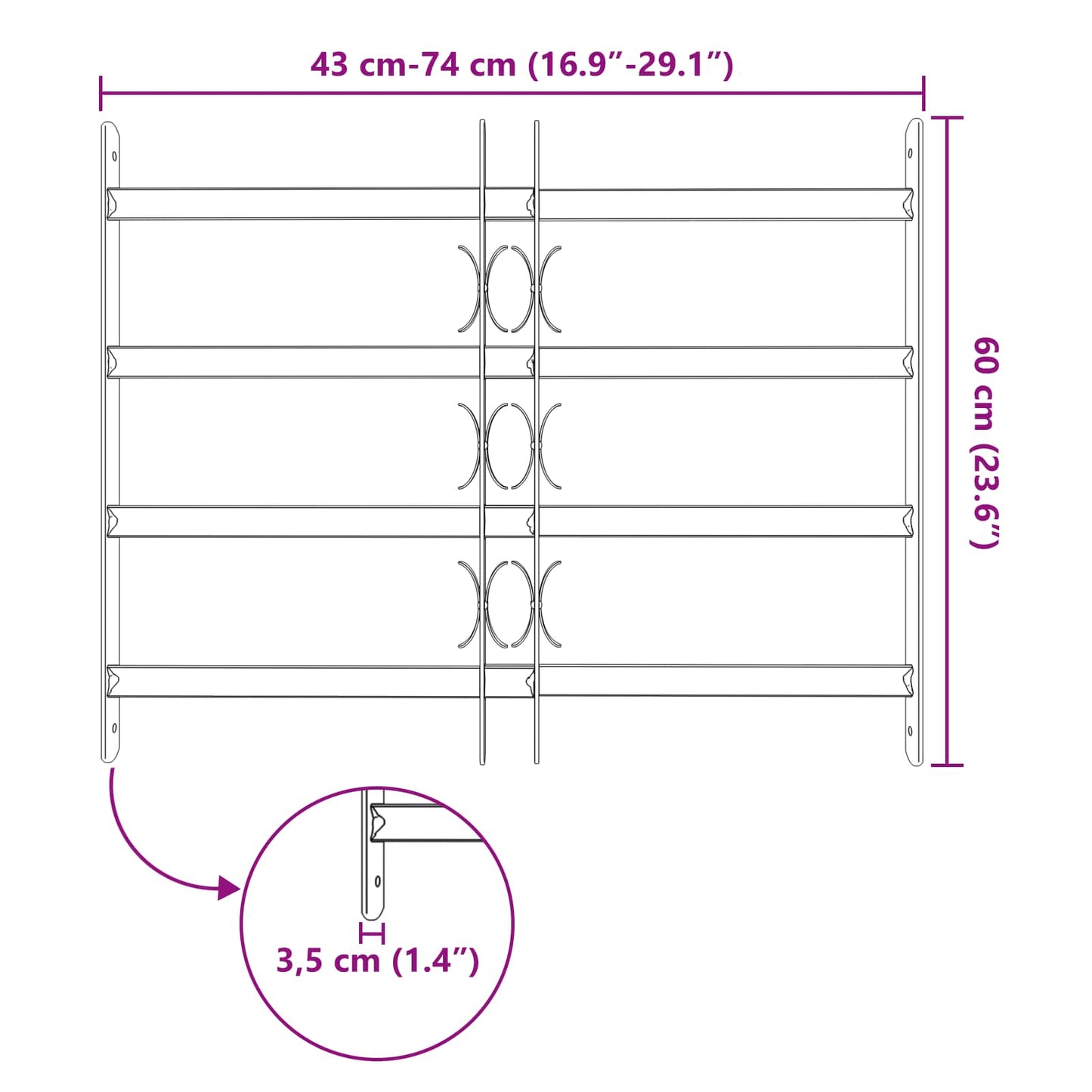 Security Grille for Windows with 4 Crossbars 43-74 cm
