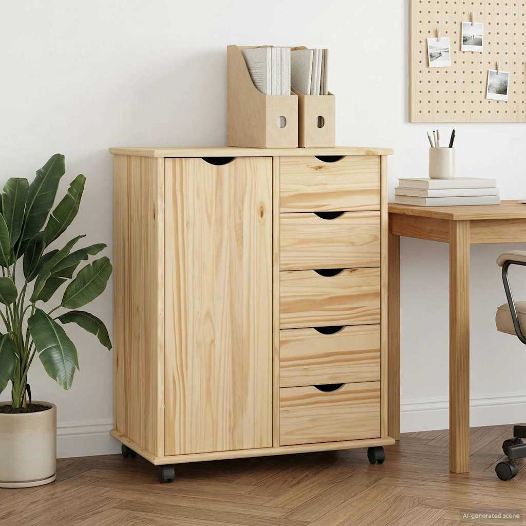 Rolling Cabinet Brown 63.5 x 39 x 79 cm Solid Pine Wood