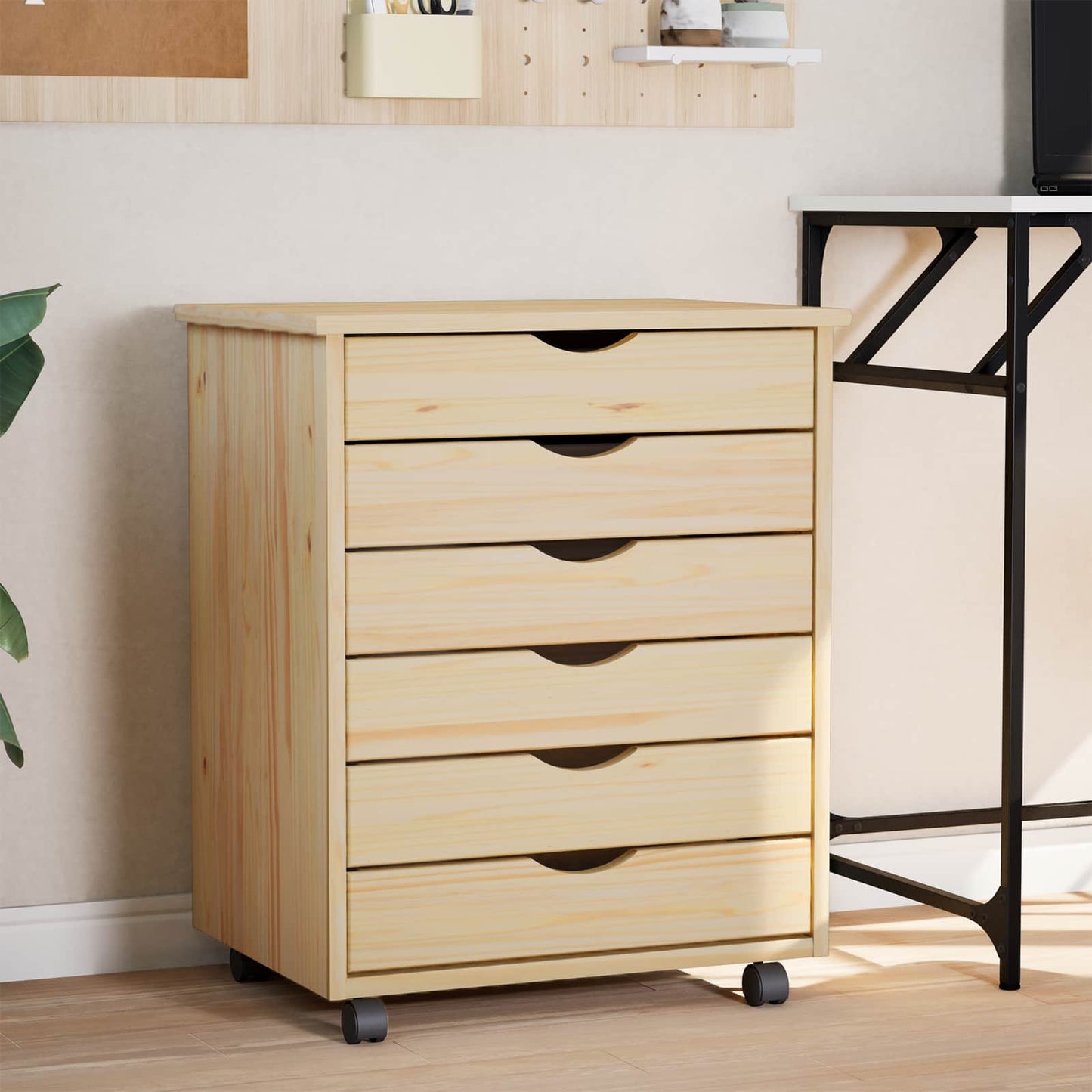 Rolling Cabinet with Drawers MOSS Clear Varnish Solid Pine wood