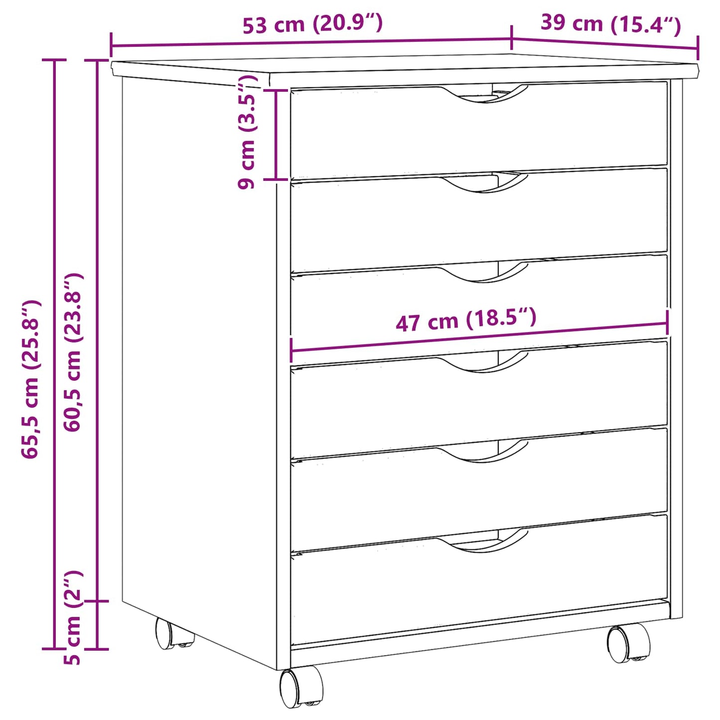 Rolling Cabinet with Drawers MOSS Clear Varnish Solid Pine wood
