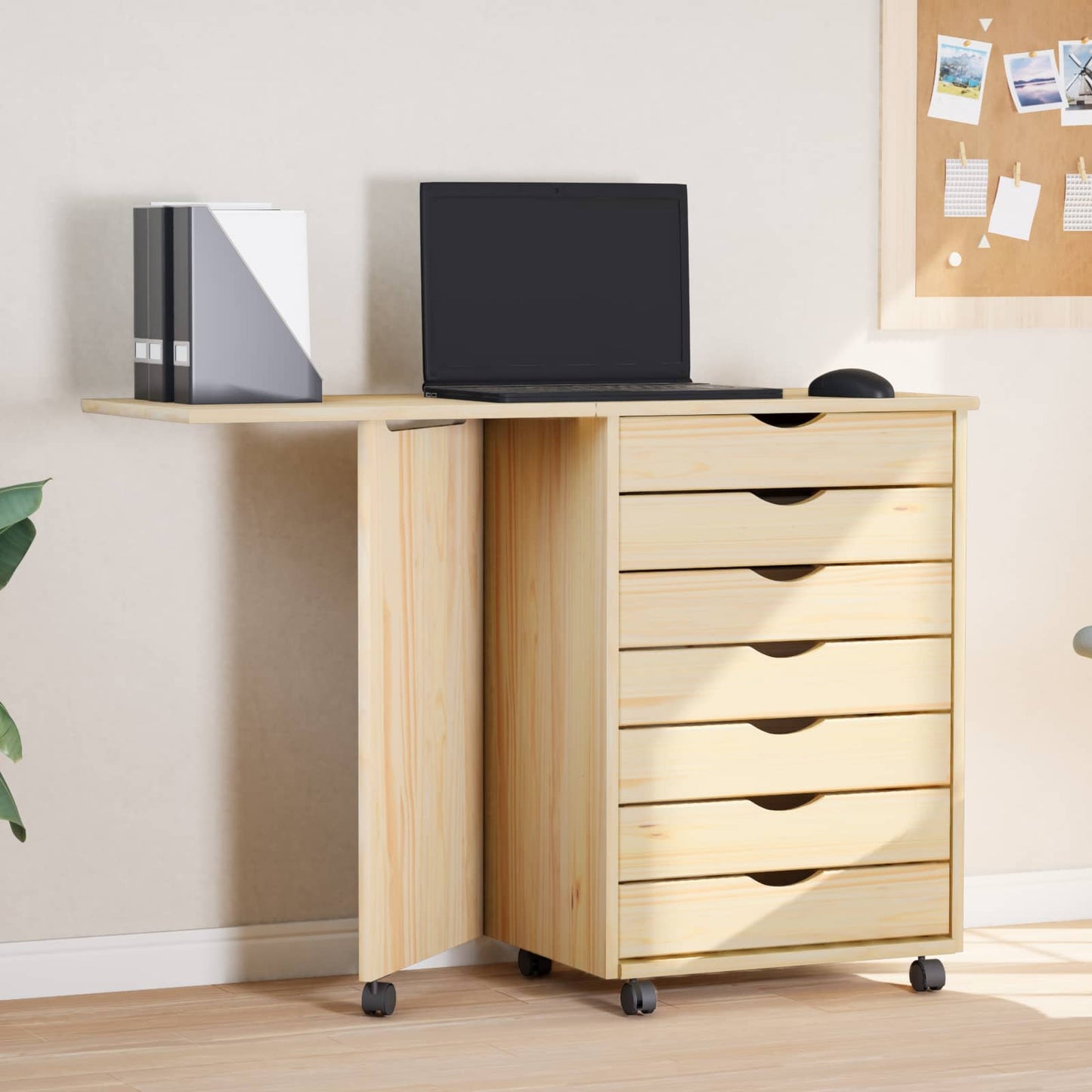 Rolling Cabinet with Desk MOSS Clear Varnish Solid Pine wood