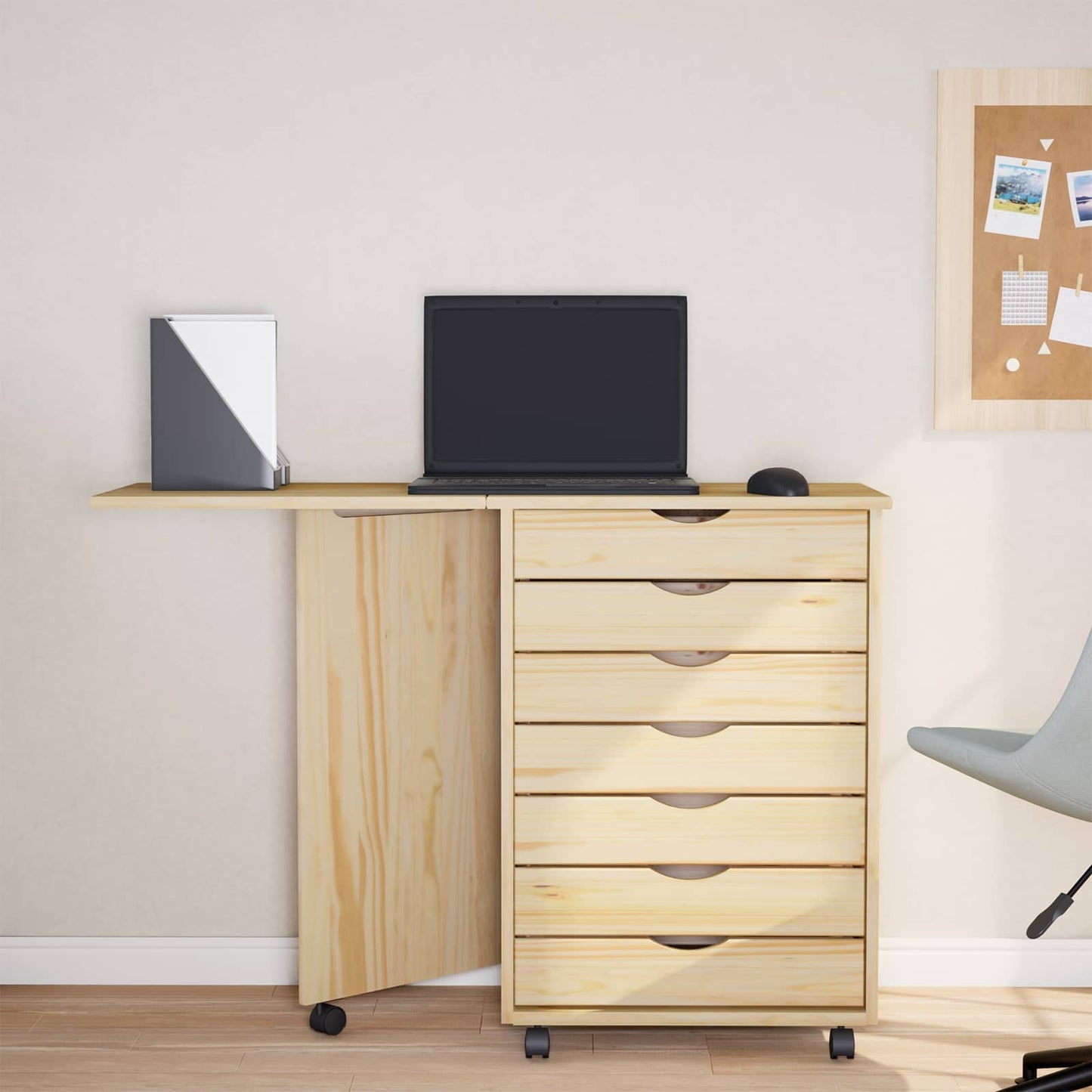 Rolling Cabinet with Desk MOSS Clear Varnish Solid Pine wood