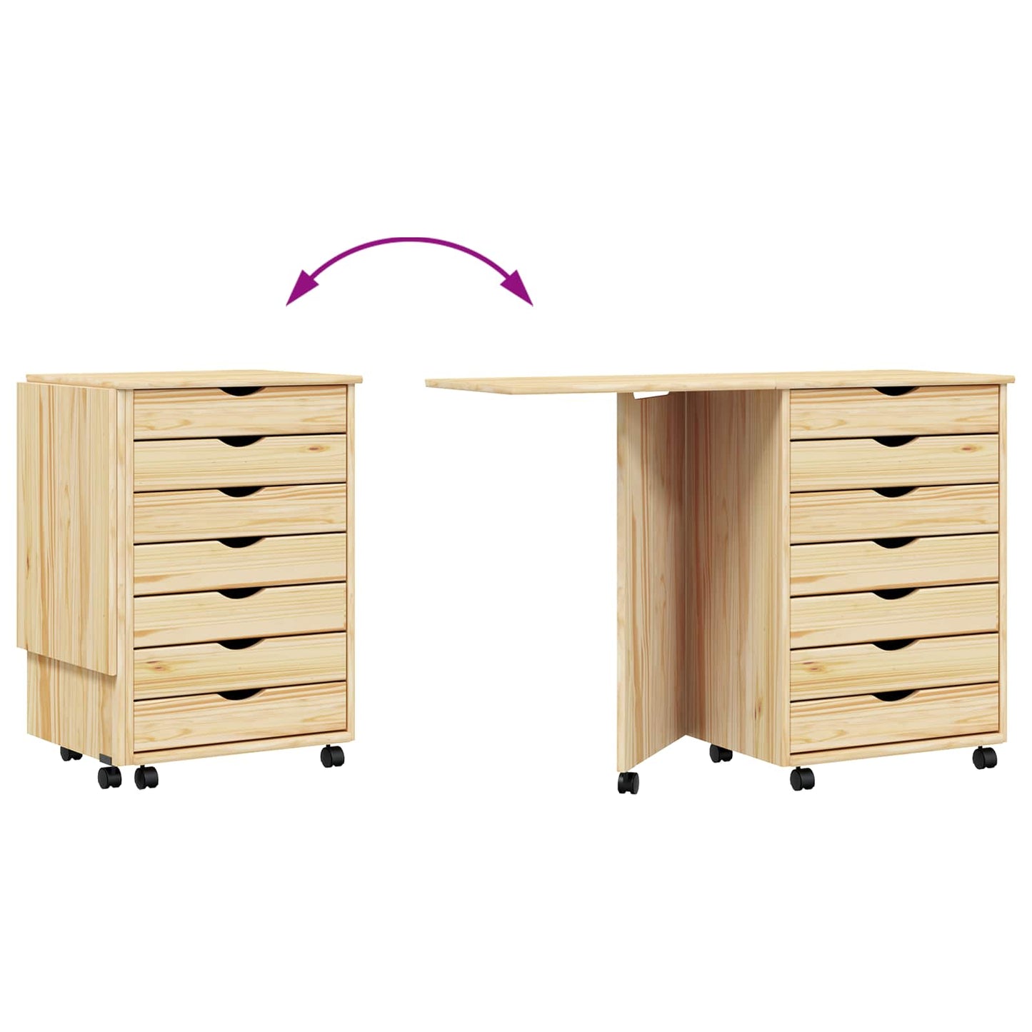Rolling Cabinet with Desk MOSS Clear Varnish Solid Pine wood