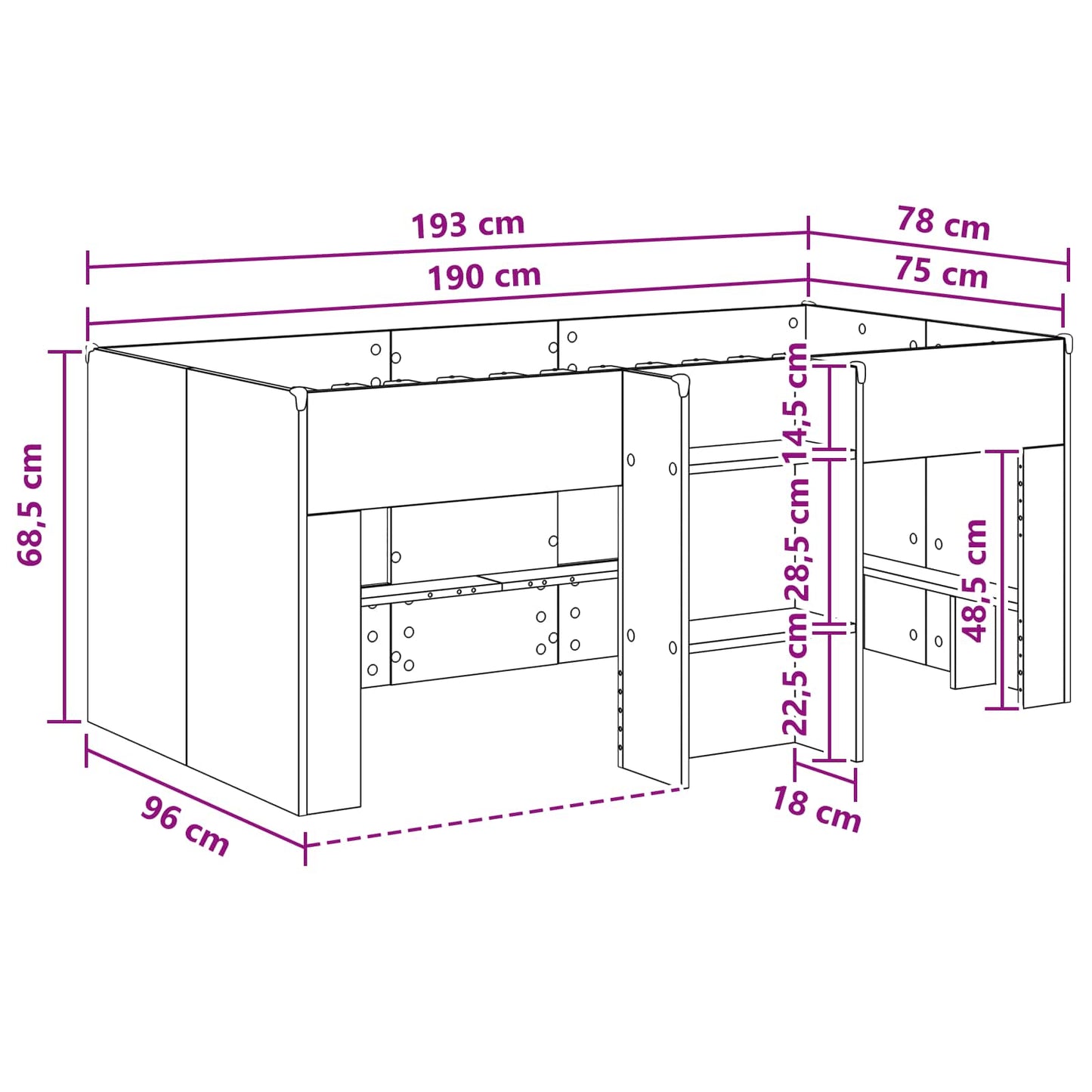 Kids'High Bed Frame 2 pcs White 193 x 96.1 x 68.5 cm